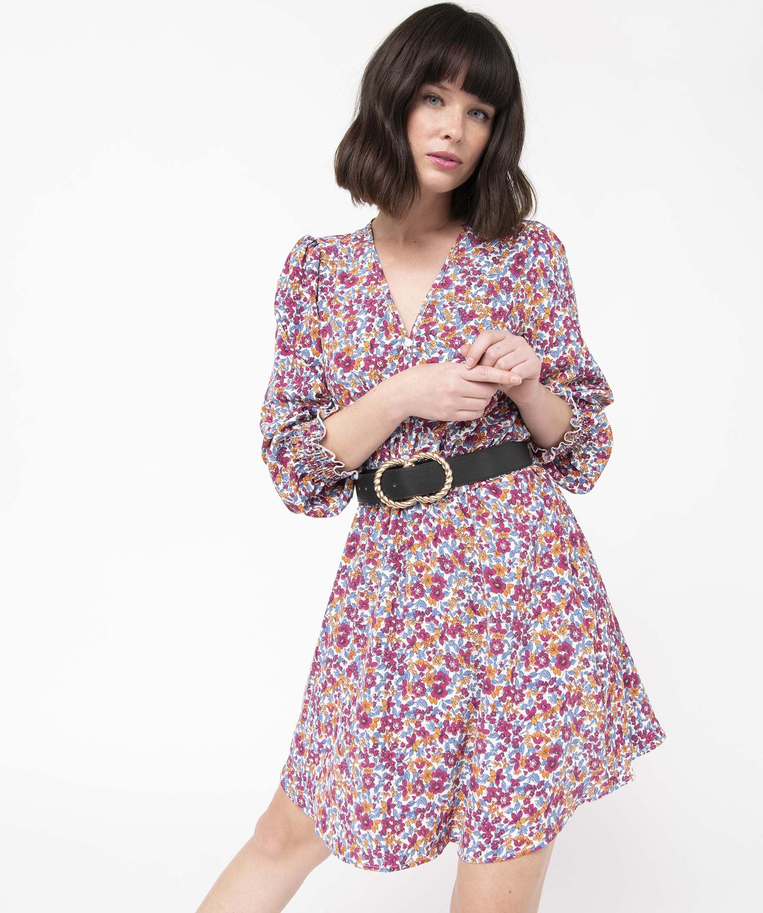 robe femme a motifs fleuris avec details smockes imprime robes femme GEMO