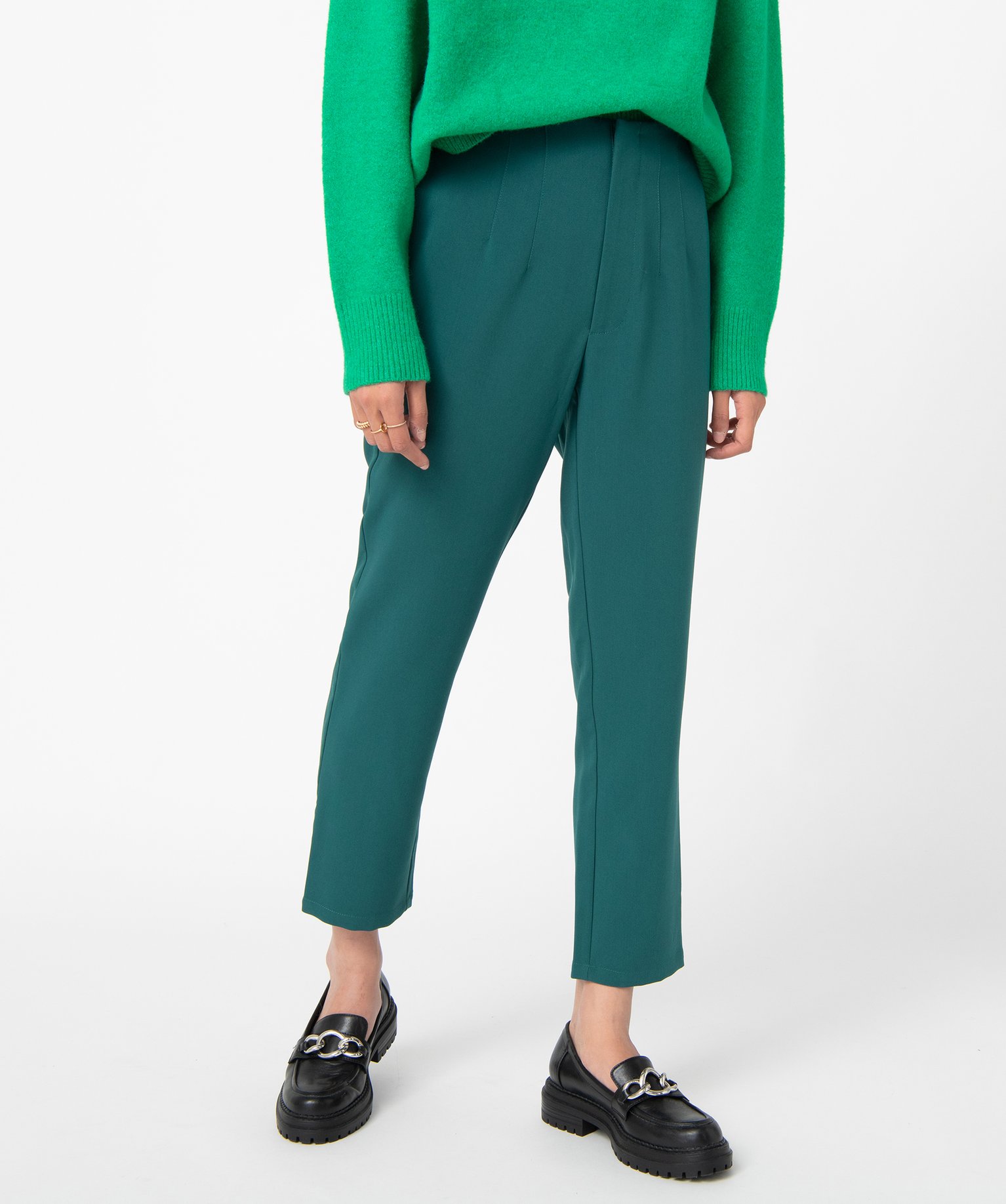 pantalon femme en toile coupe large et taille haute vert pantalons femme GEMO