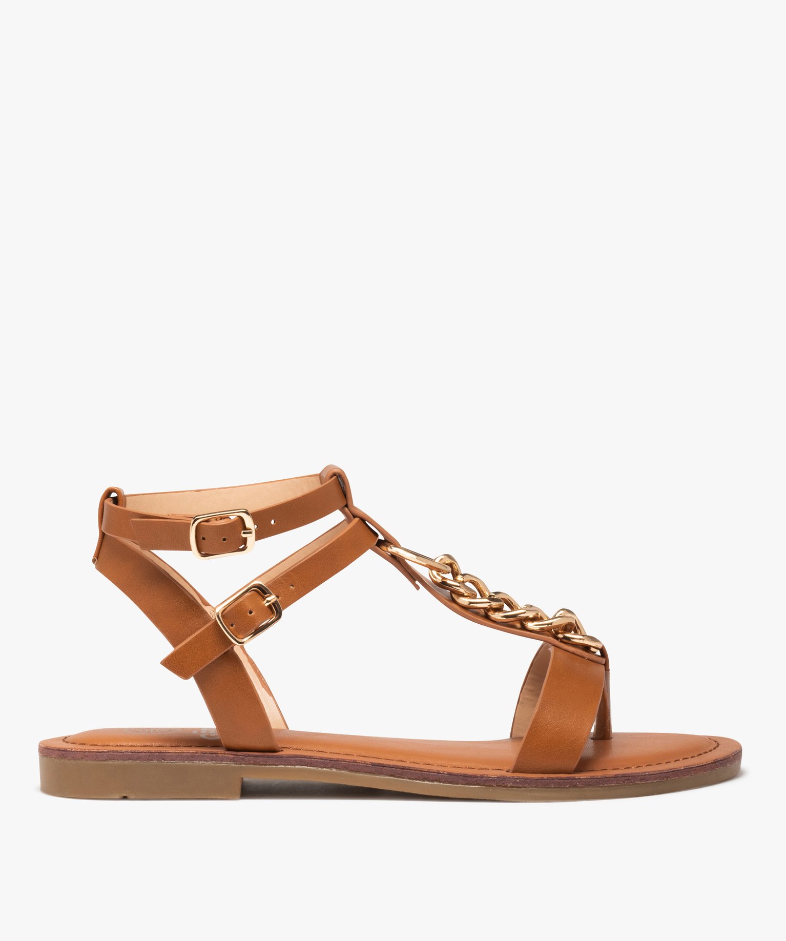 sandales femme unies a entre doigts et chaine metallisee brun
