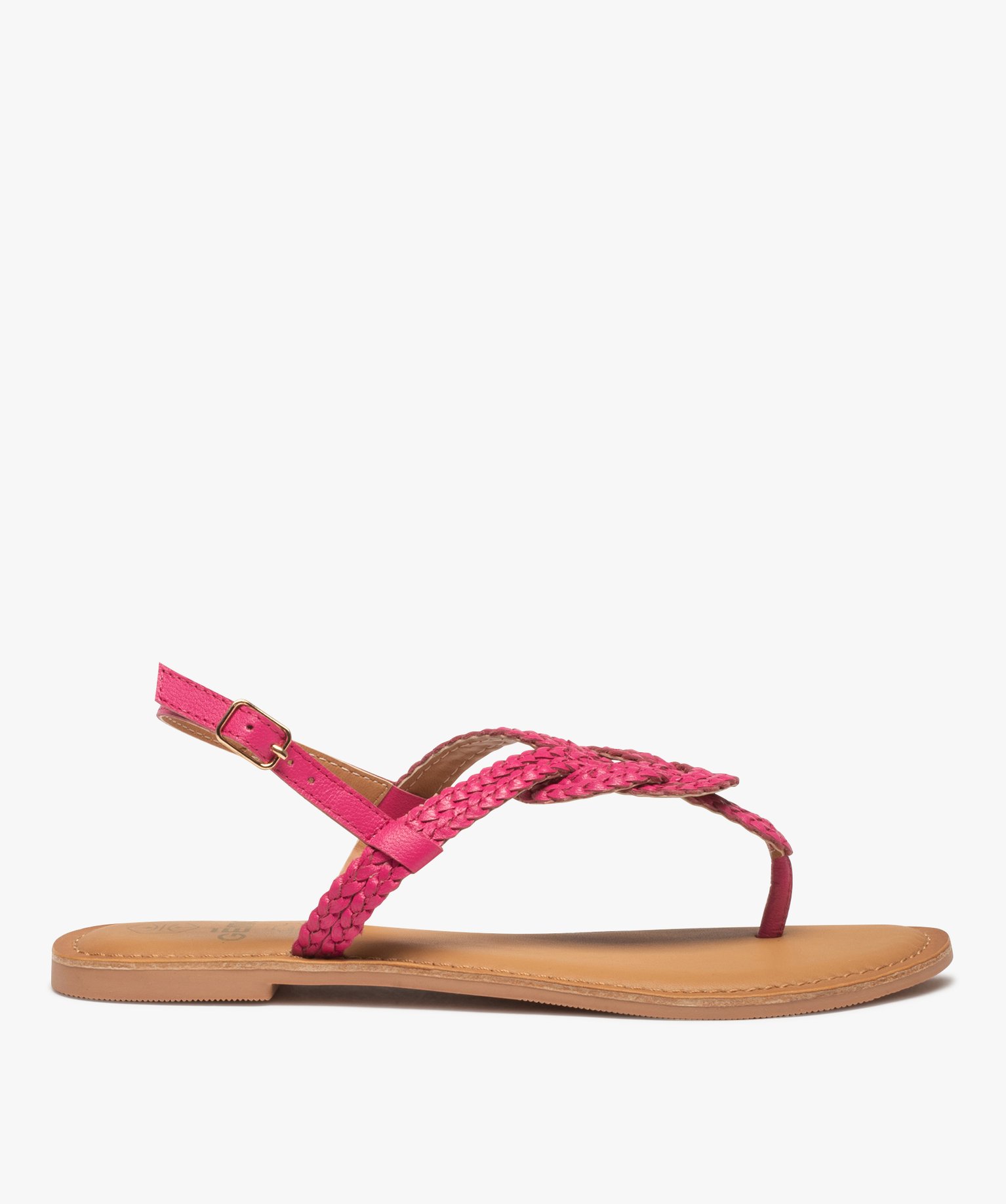 sandales femme a talon plat et brides entre-doigts tressees en cuir rose sandales plates et nu-pieds