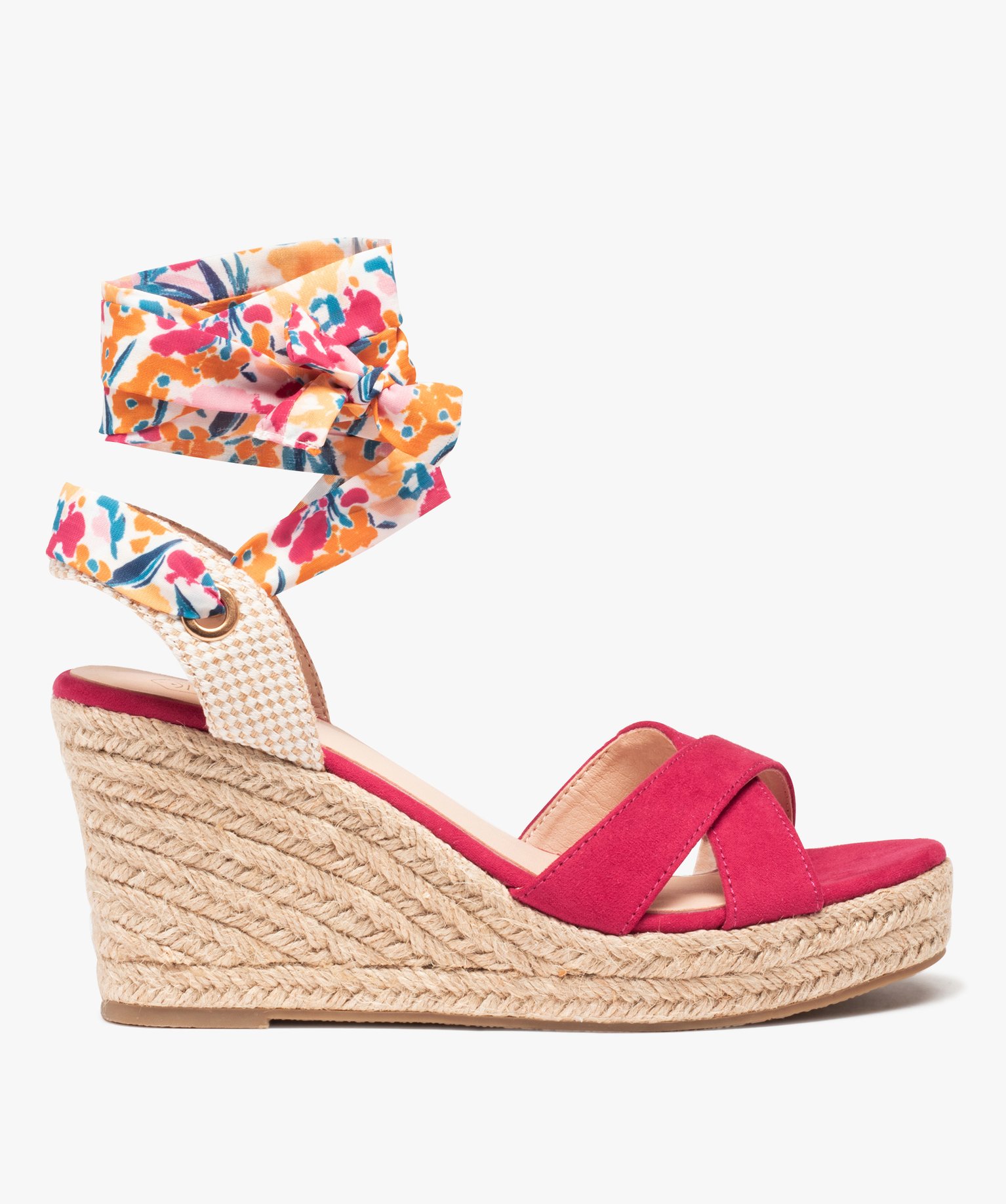sandales femme compensees en suedine et bride foulard rose