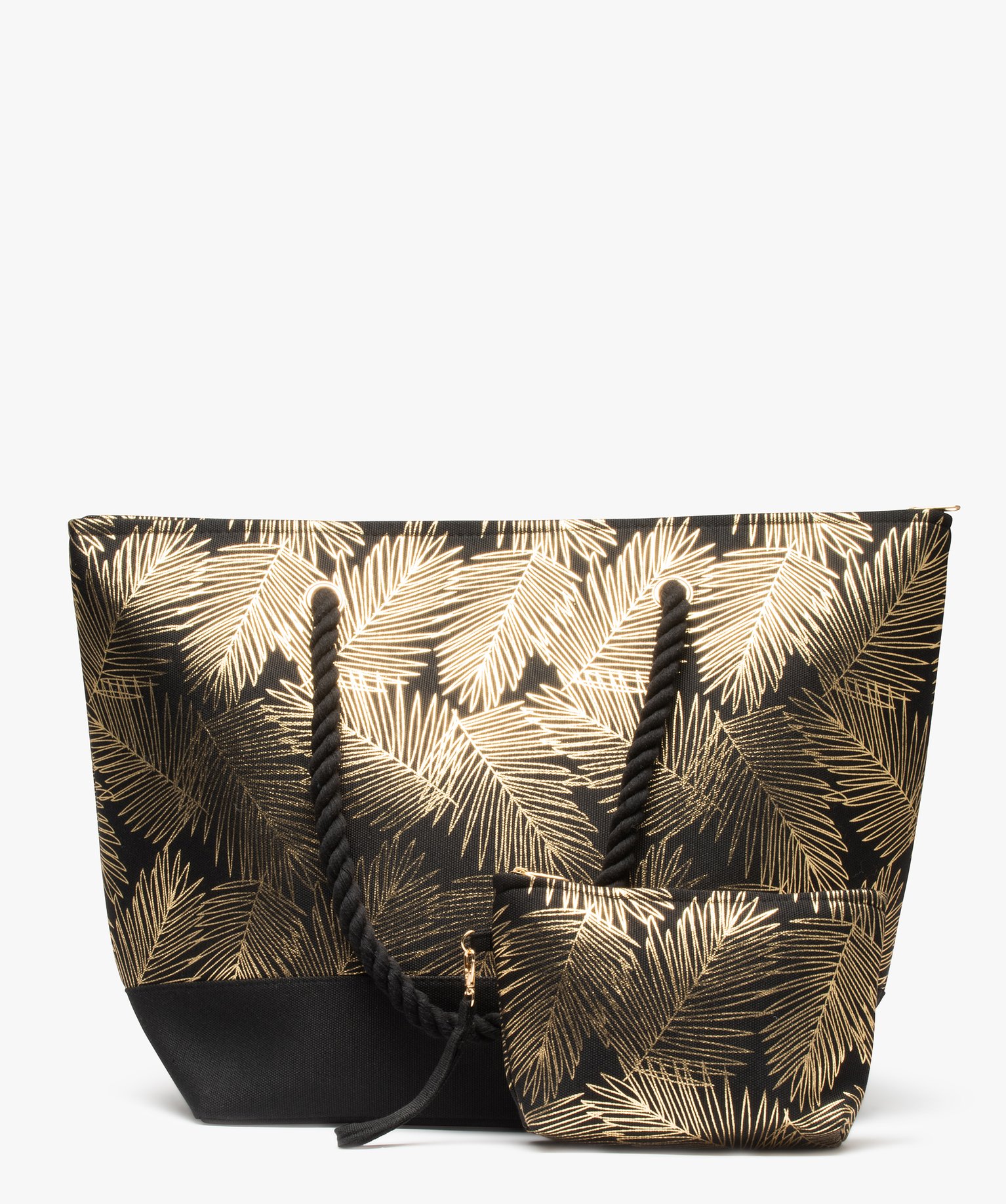 sac de plage avec feuillage dore et pochette zippee amovible beige standard cabas grand volume femme GEMO