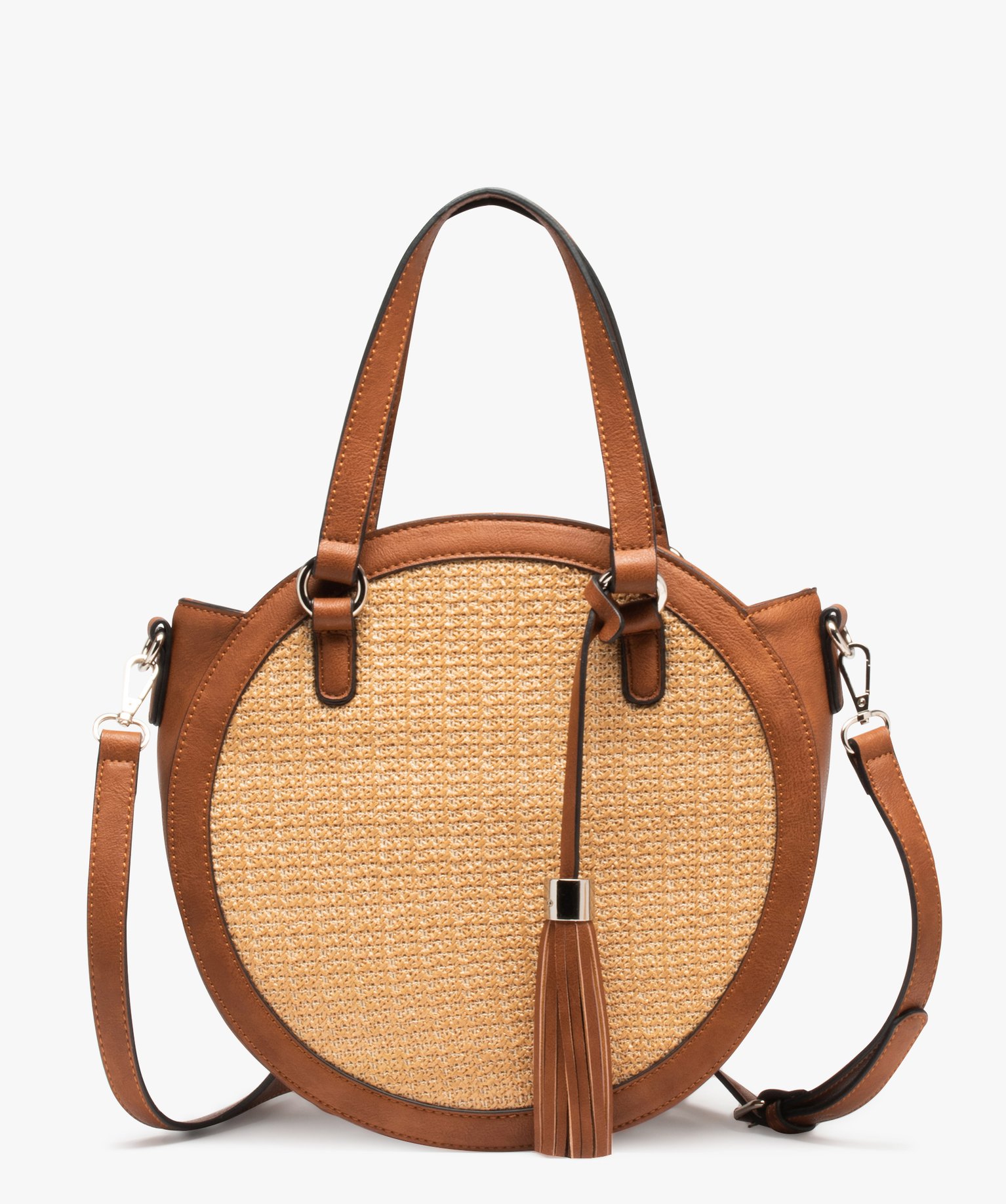 sac a main rond bimatiere avec face tissee beige sacs a main femme