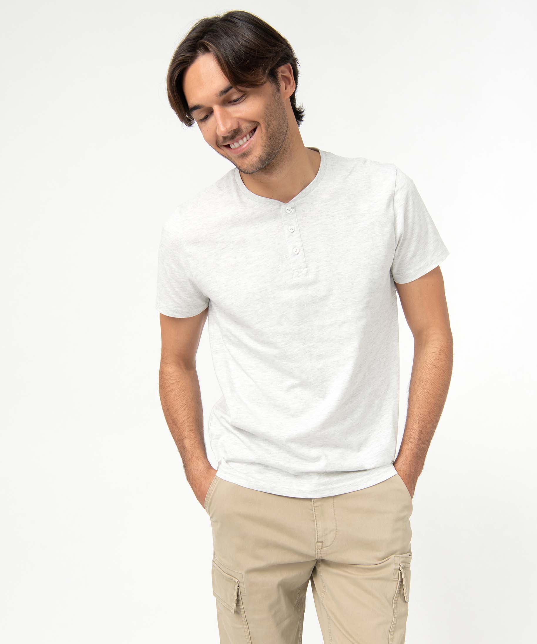tee-shirt homme col tunisien a manches courtes blanc tee-shirts