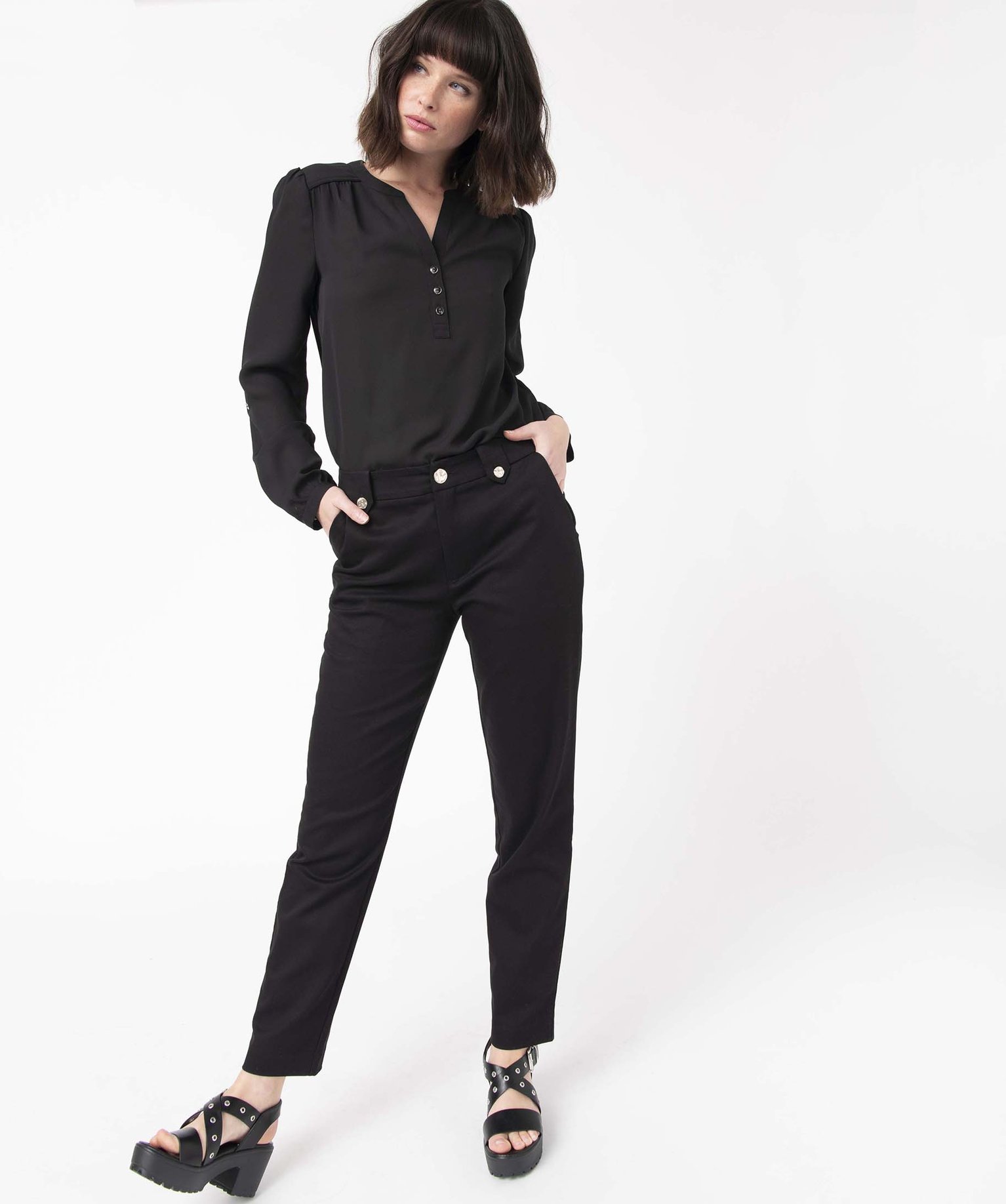 pantalon femme en toile extensible avec boutons fantaisie noir pantalons