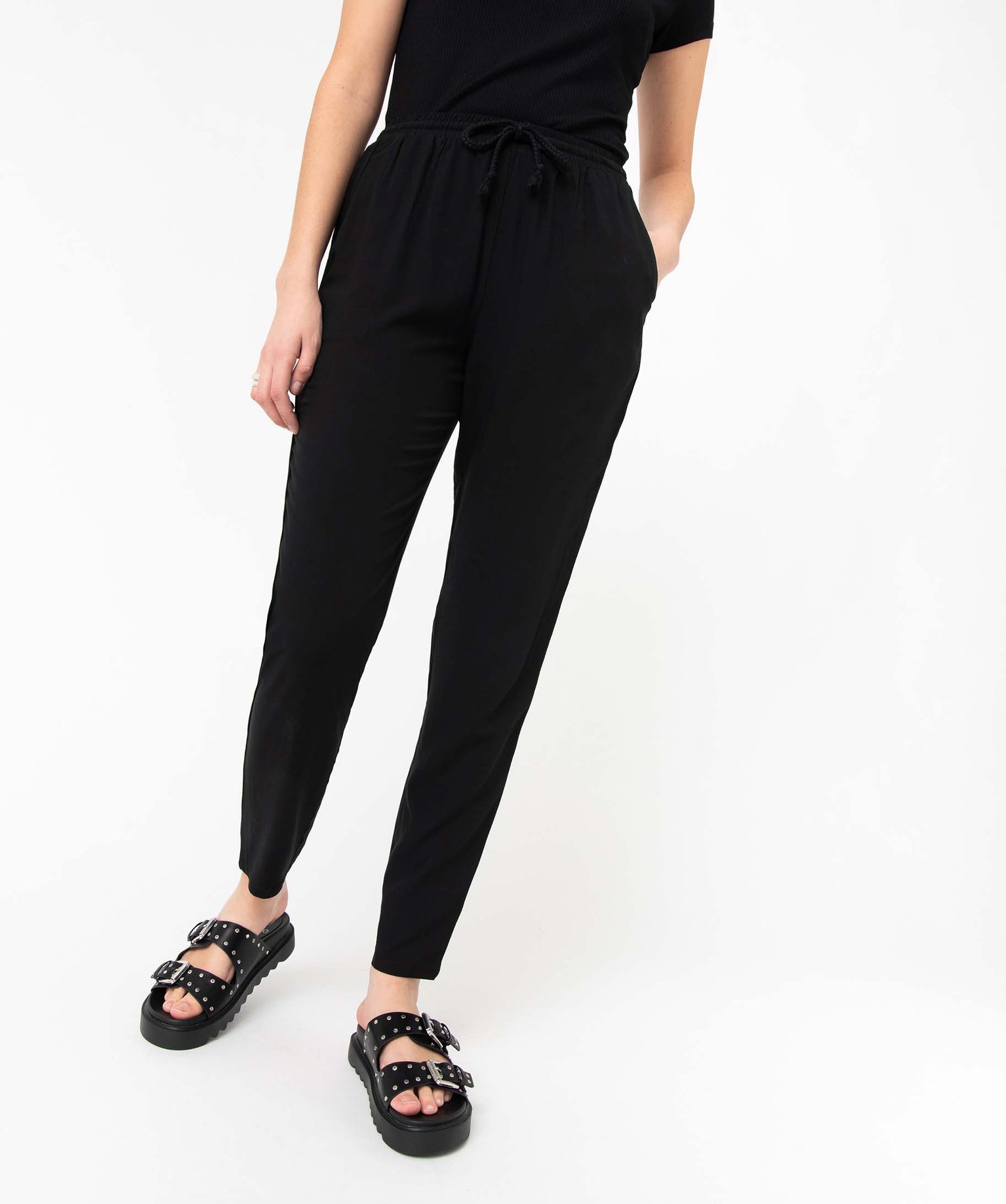 Pantalon de jogging avec ceinture élastique unie Noir Pantalon