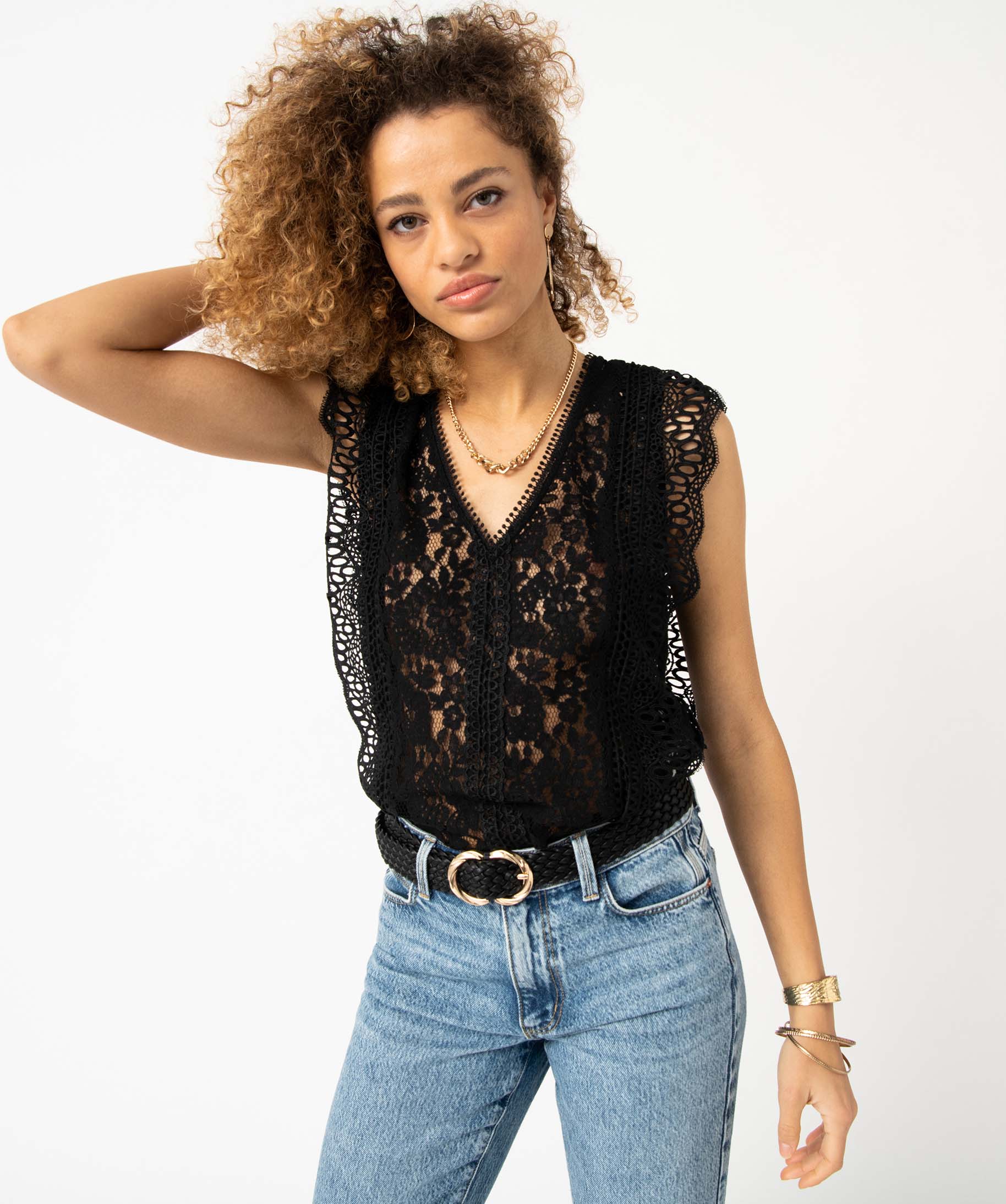 blouse femme en dentelle avec boutons fantaisie recto verso noir blouses femme GEMO
