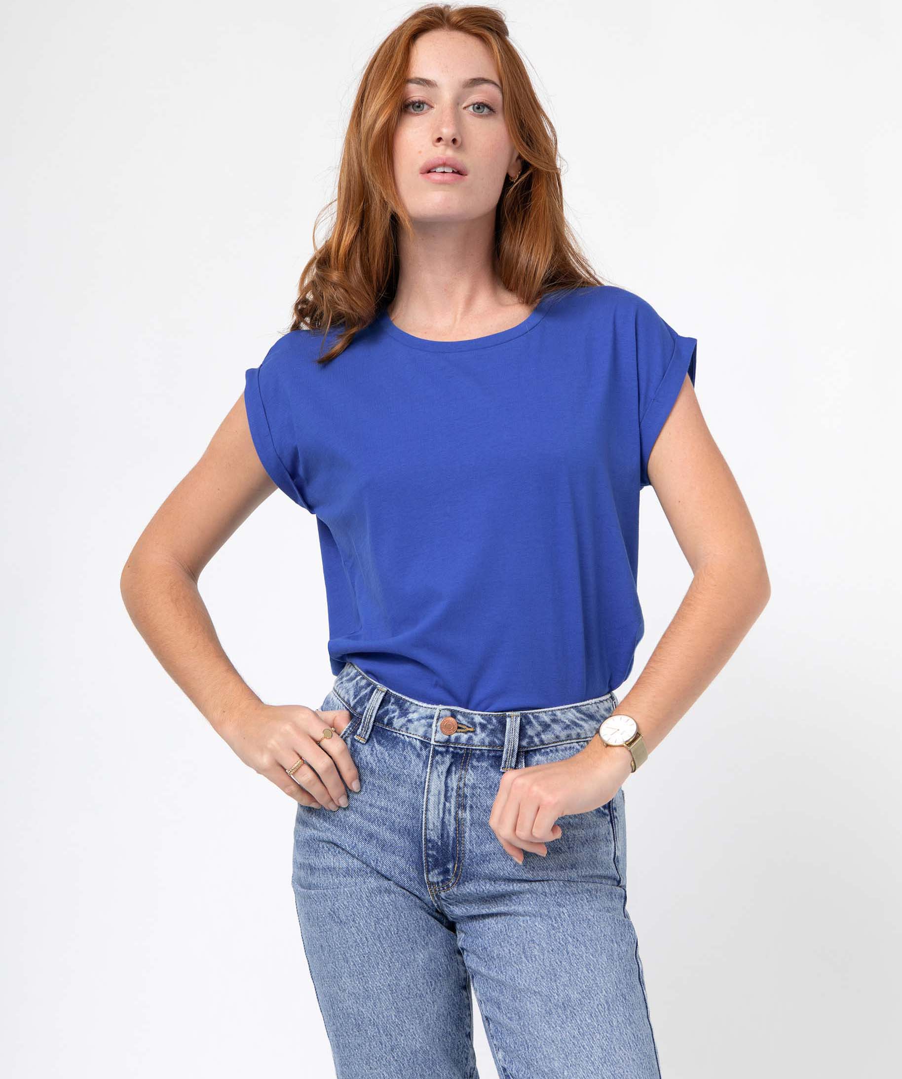 tee-shirt femme a manches courtes avec revers bleu t-shirts manches courtes