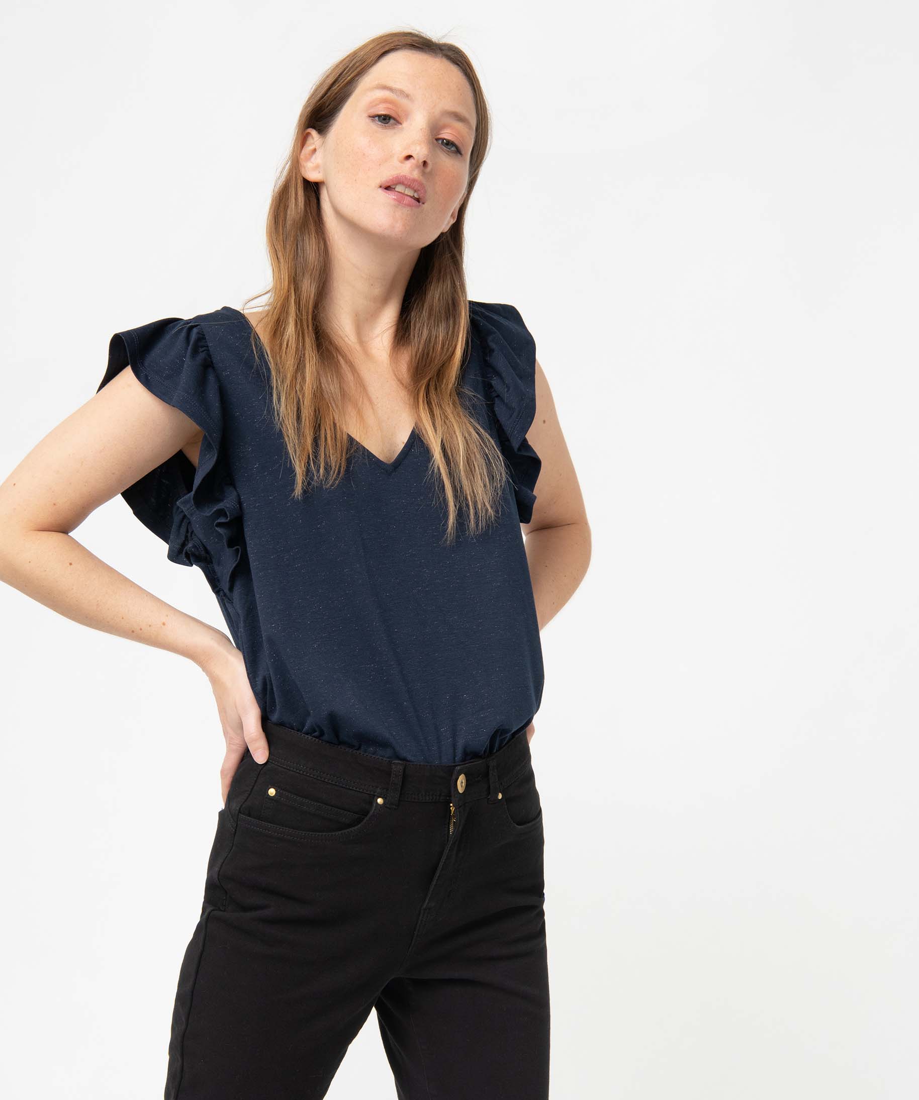 tee-shirt femme paillete a manches courtes volantees bleu t-shirts manches courtes