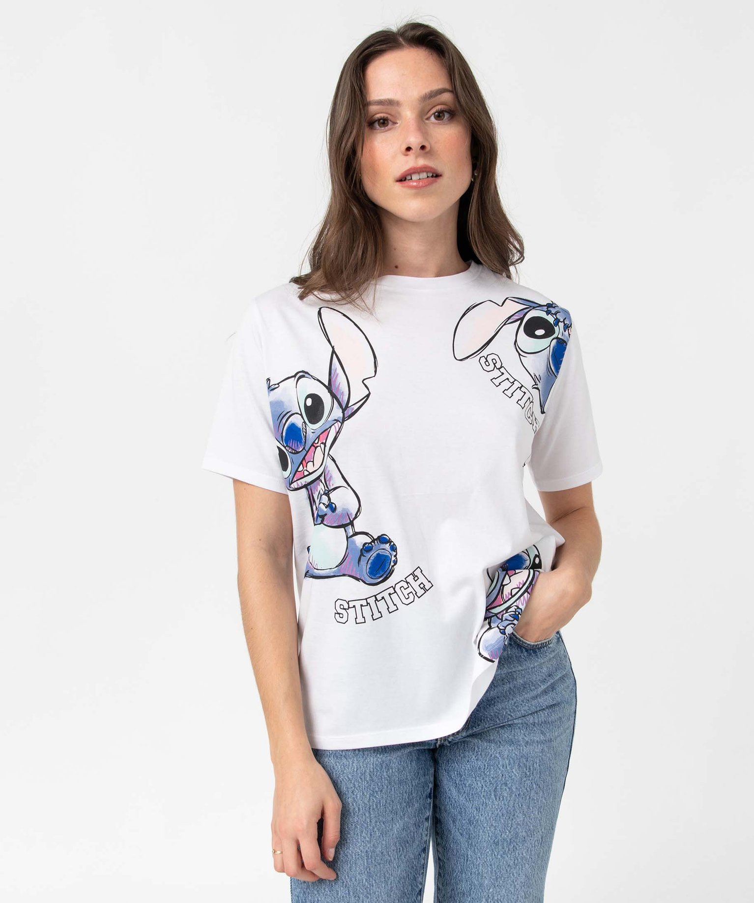 tee-shirt femme avec motifs stitch - disney blanc t-shirts manches courtes
