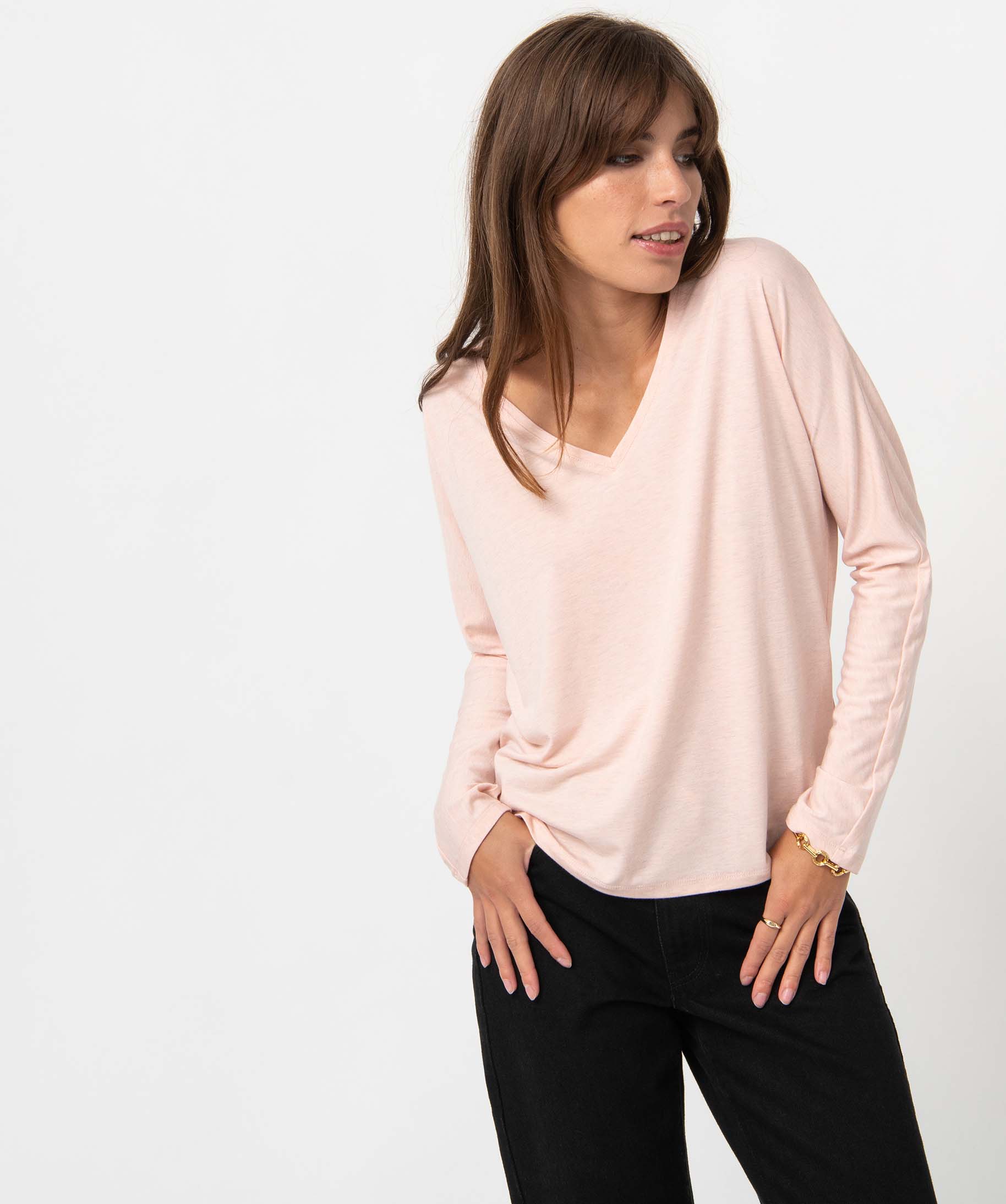 tee-shirt femme a manches longues en maille scintillante rose t-shirts manches longues