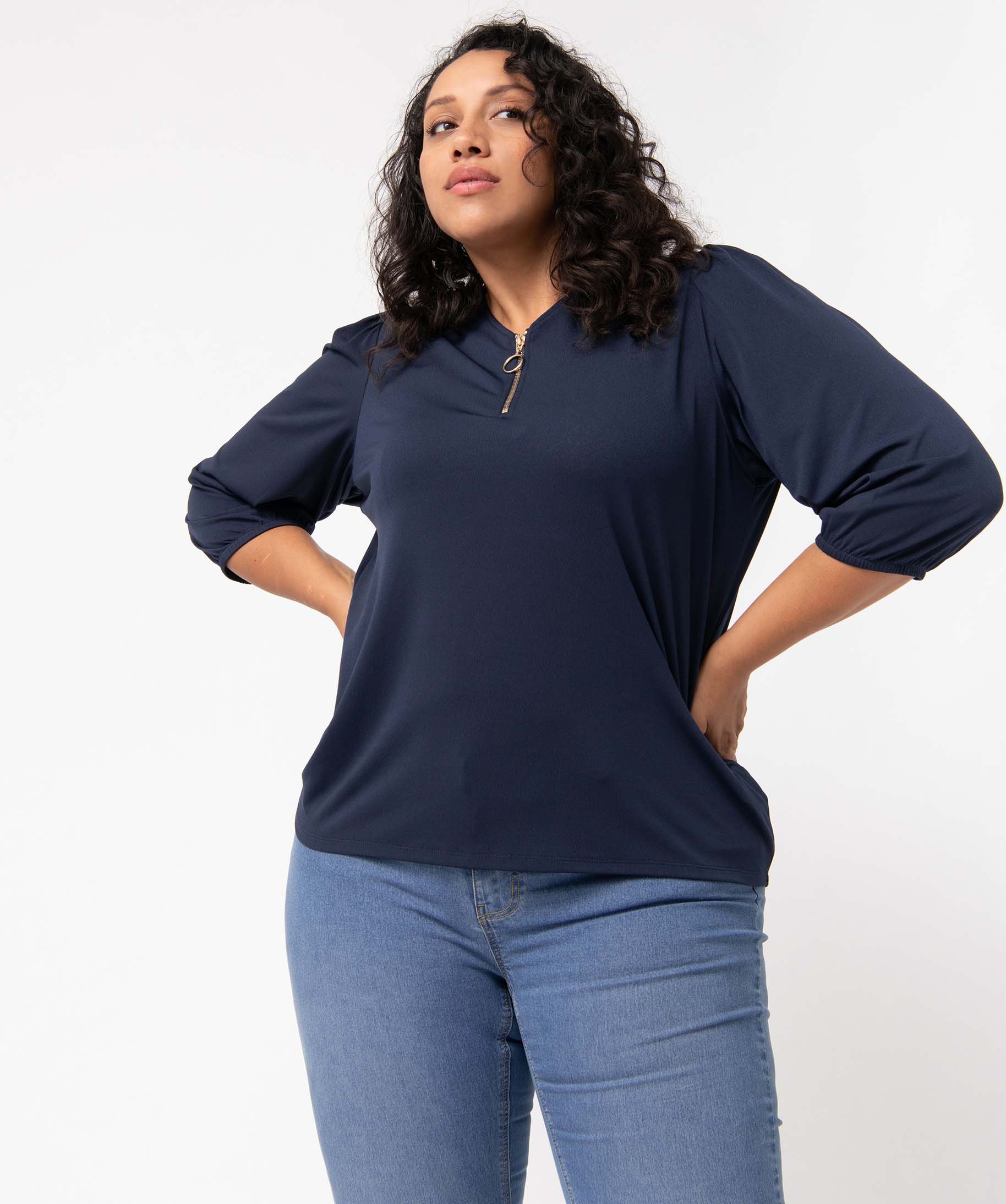tee-shirt femme grande taille a manches 34 avec col v zippe bleu