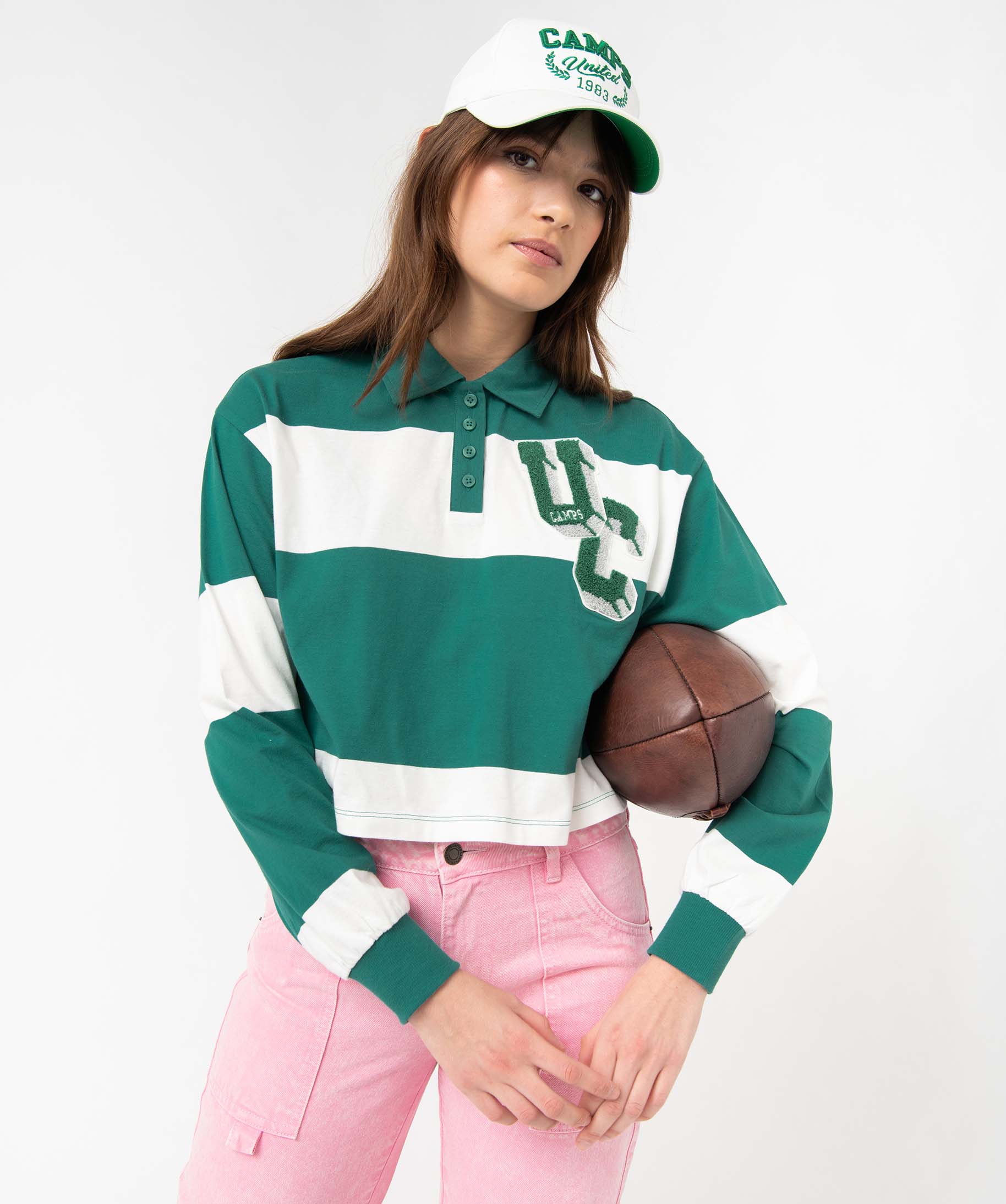 tee-shirt femme a manches longues avec col polo - camps united vert t-shirts manches longues
