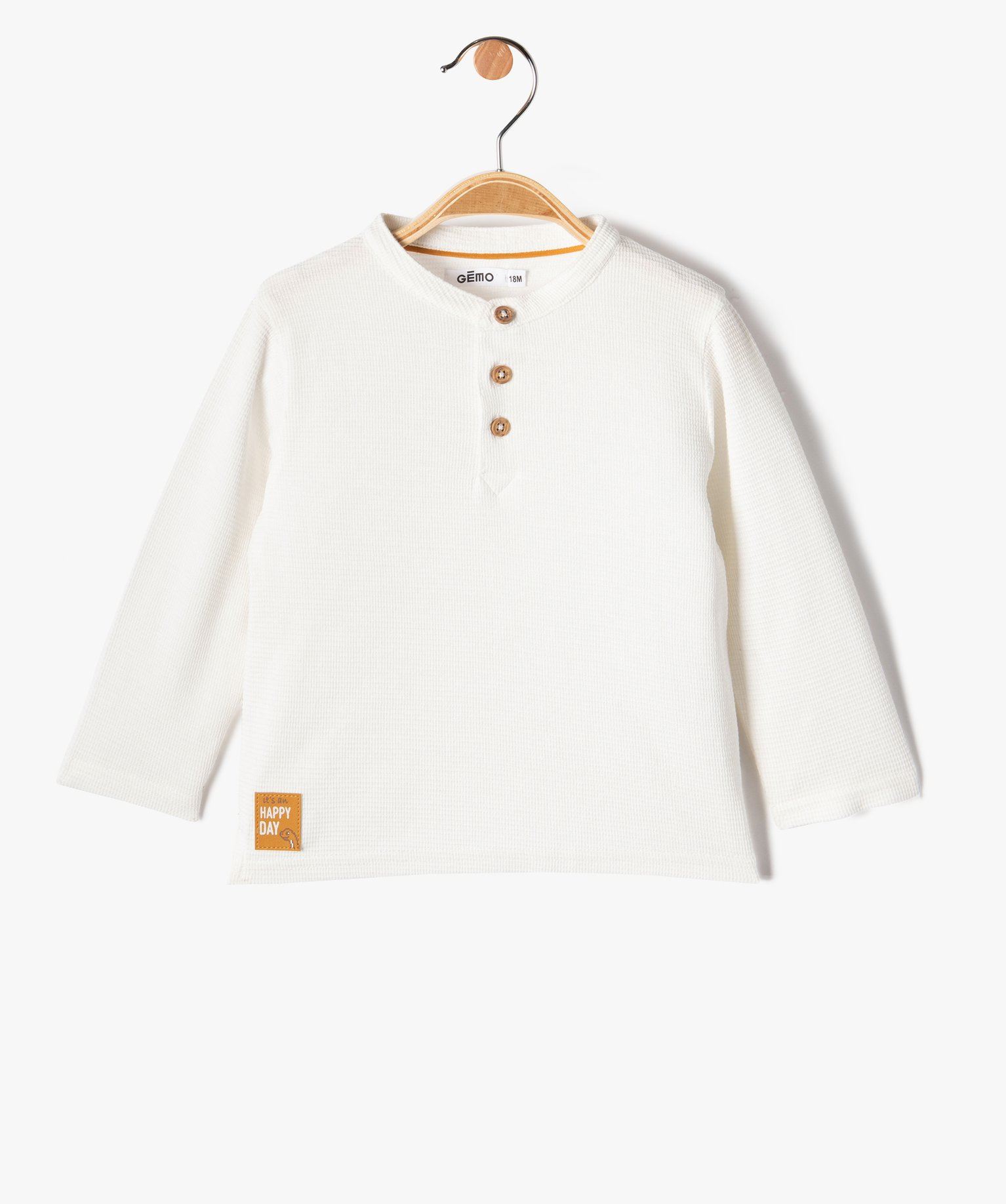 tee-shirt a manches longues col tunisien en maille nid dabeille bebe garcon beige tee-shirts manches longues