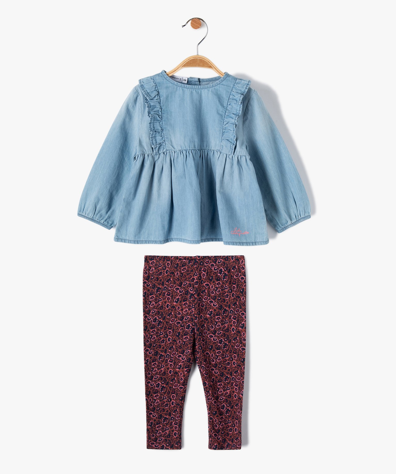 ensemble bebe fille 2 pieces   blouse en jean et legging fleuri - lulucastagnette bleu