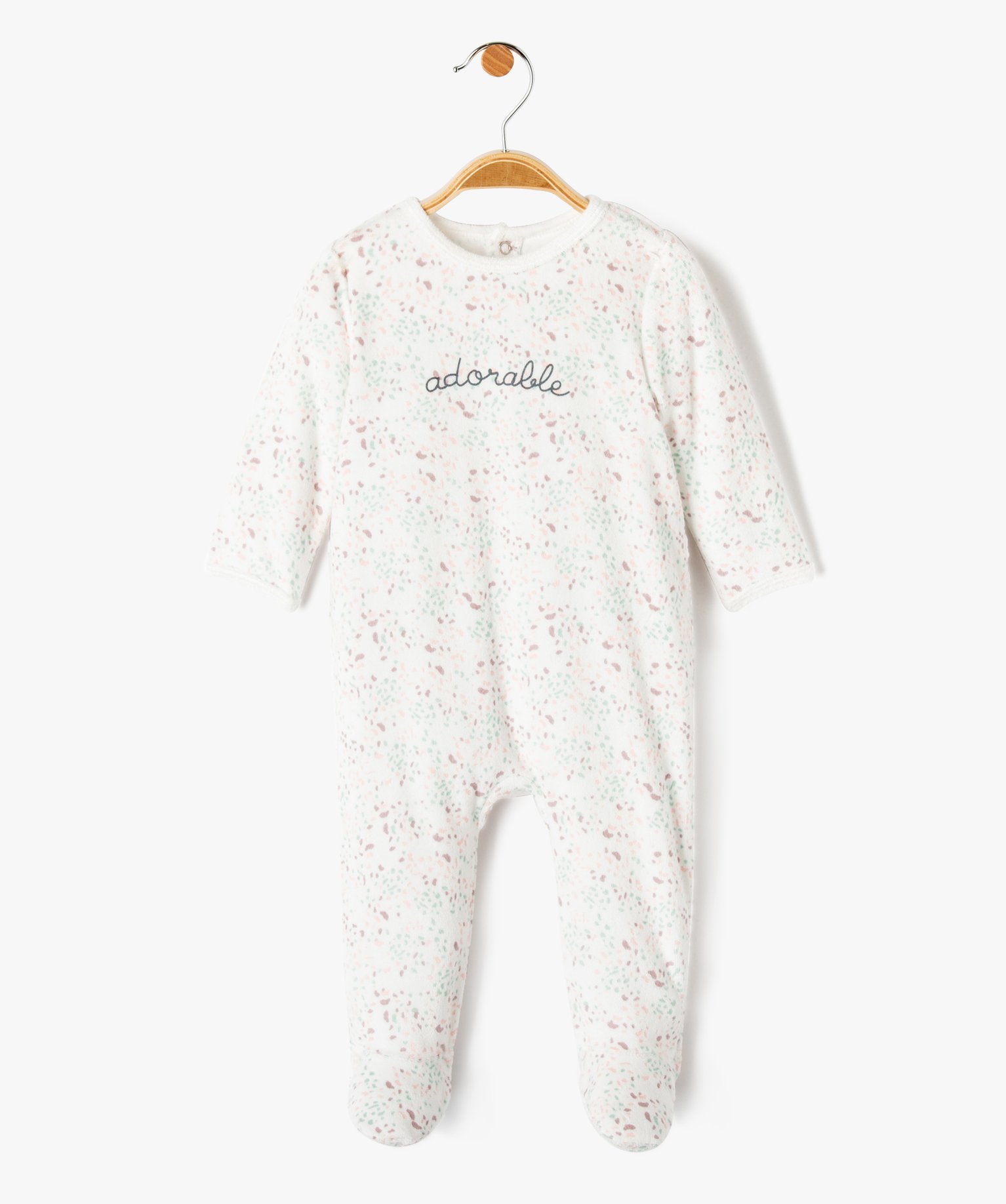 pyjama bebe en velours imprime avec ouverture pont-dos beige