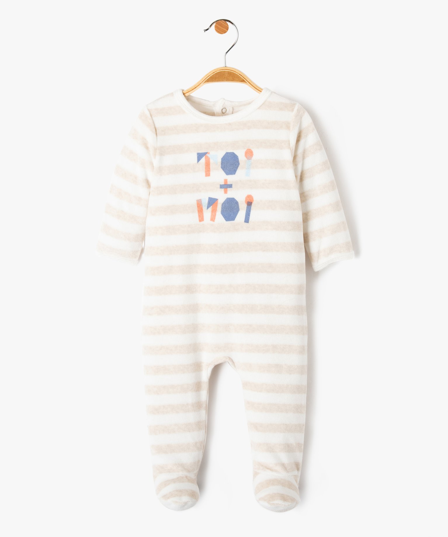 pyjama bebe en velours raye avec ouverture pont-dos beige