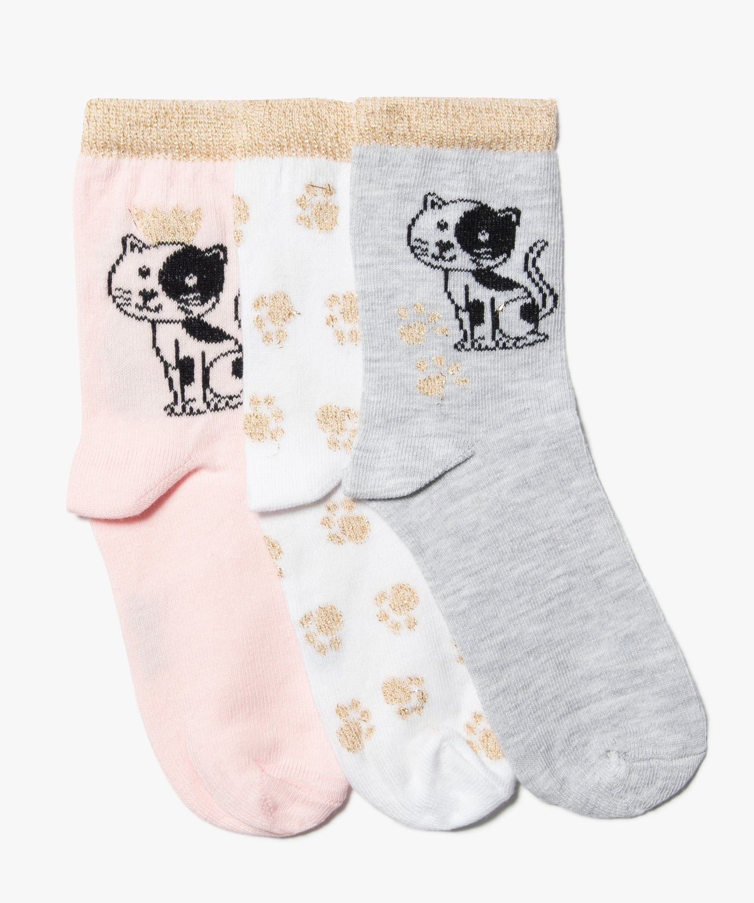 chaussettes fille pailletees a tige haute et motif chat (lot de 3) rose chaussettes  fille