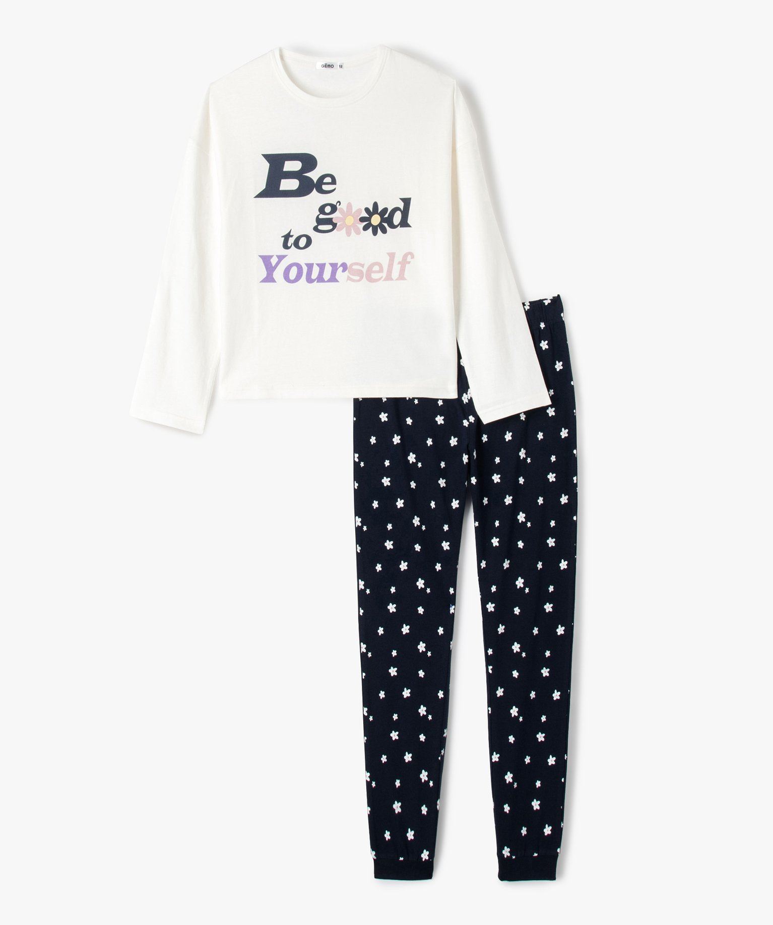 pyjama fille avec message positif et pantalon a fleurs blanc