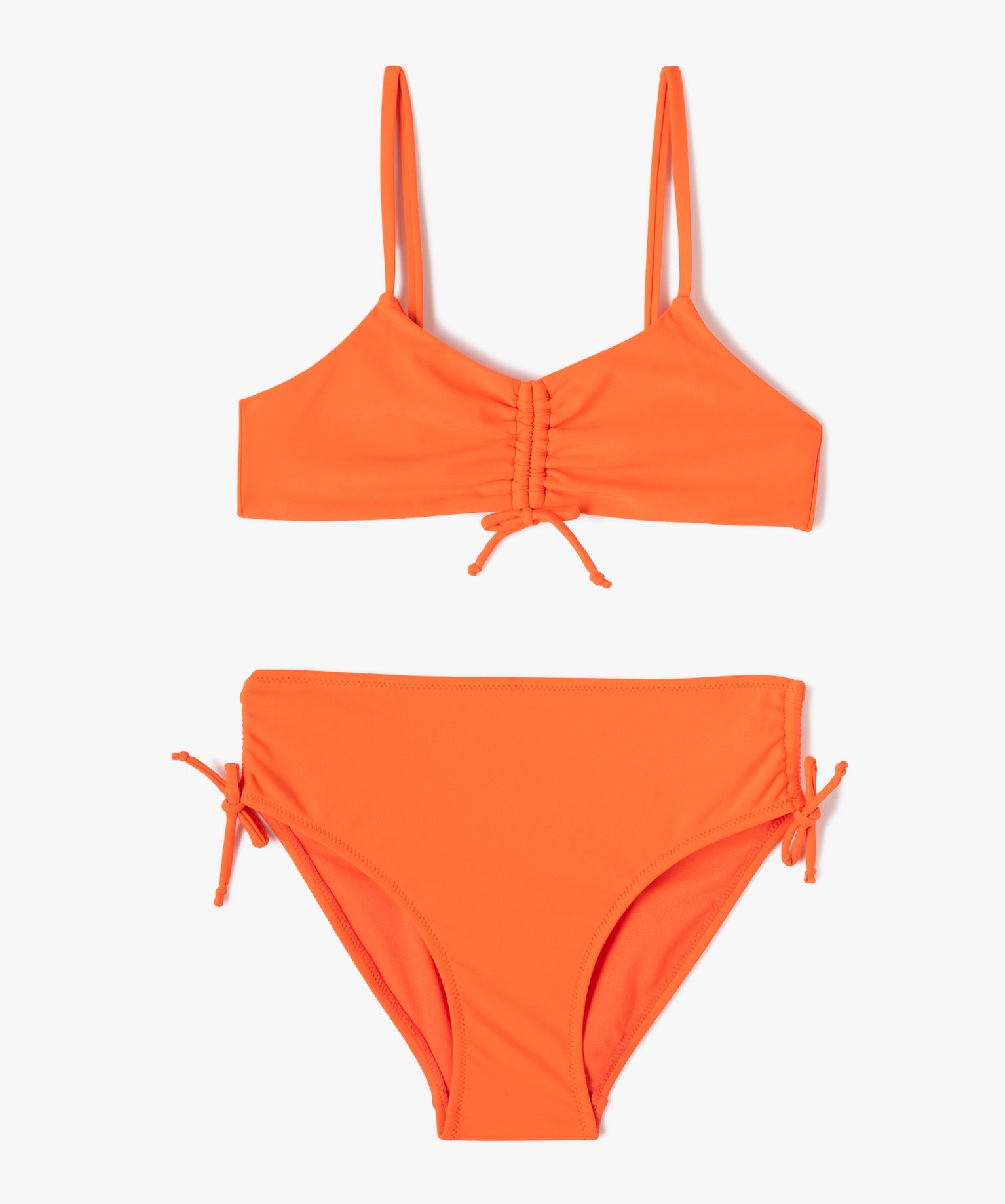 maillot de bain fille 2 pieces a motifs fleuris avec cordons coulissants  orange