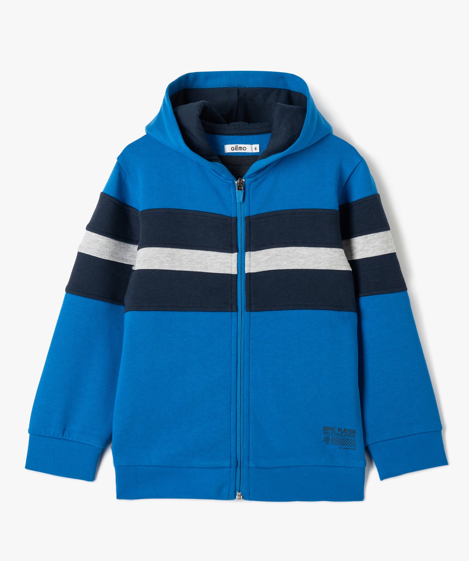 sweat garcon zippe a capuche bandes colorees et motif en relief bleu sweats