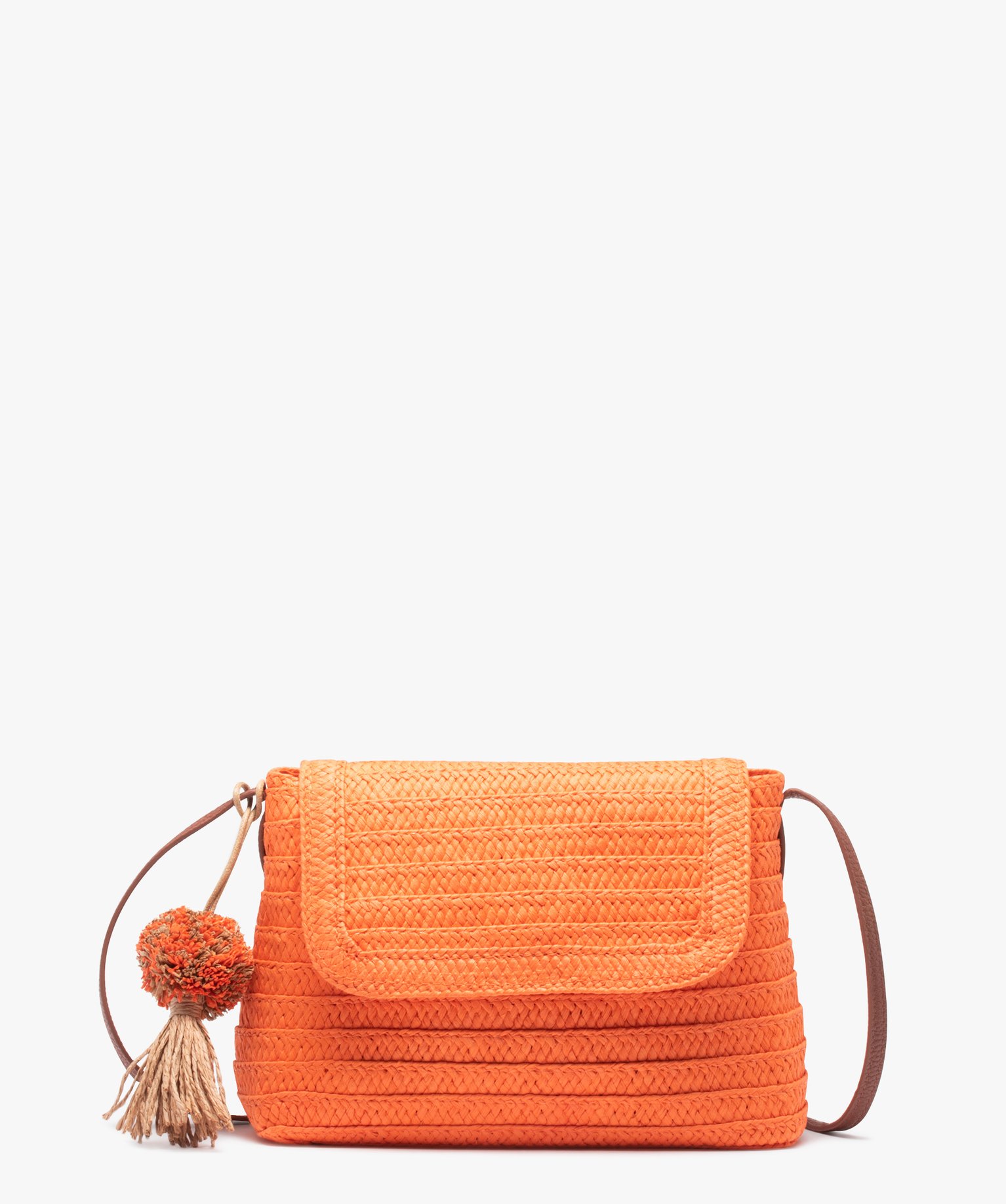 sac besace femme en paille avec pompon orange sacs bandouliere