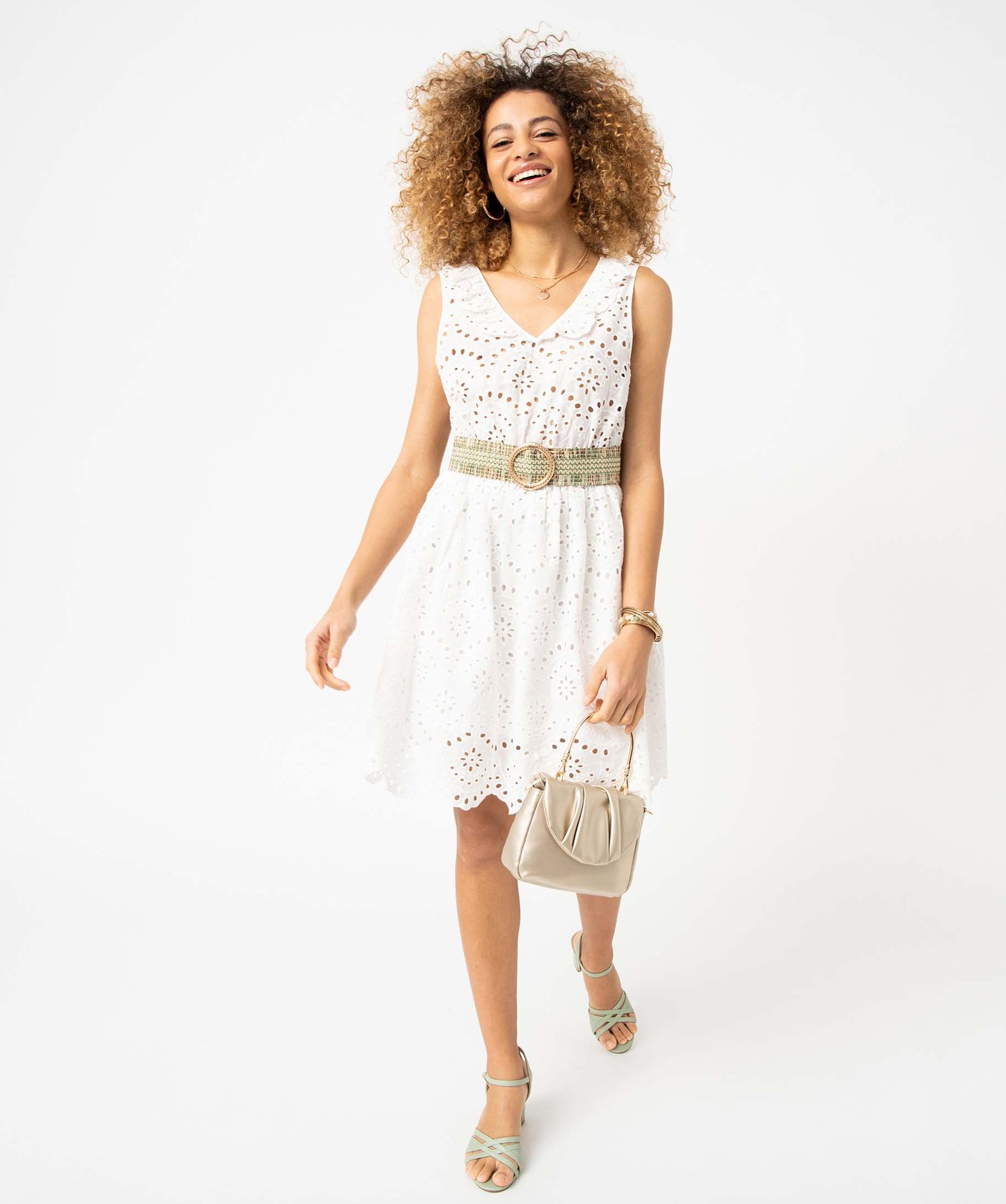 robe femme en broderie anglaise sans manches beige femme GEMO