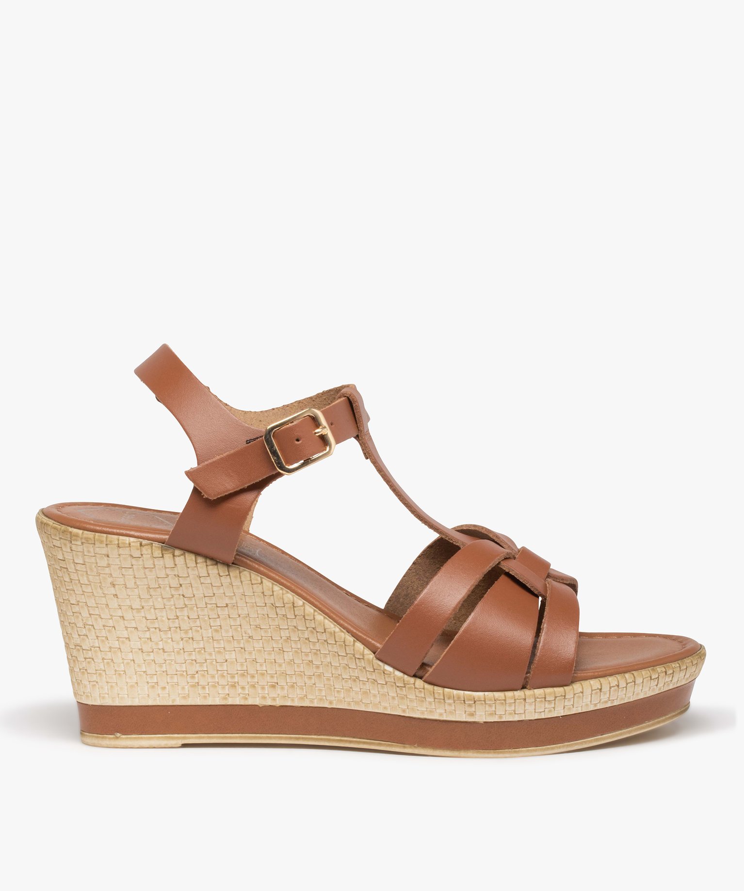 sandales femme compensees dessus cuir uni taneo marron standard sandales a talon femme GEMO