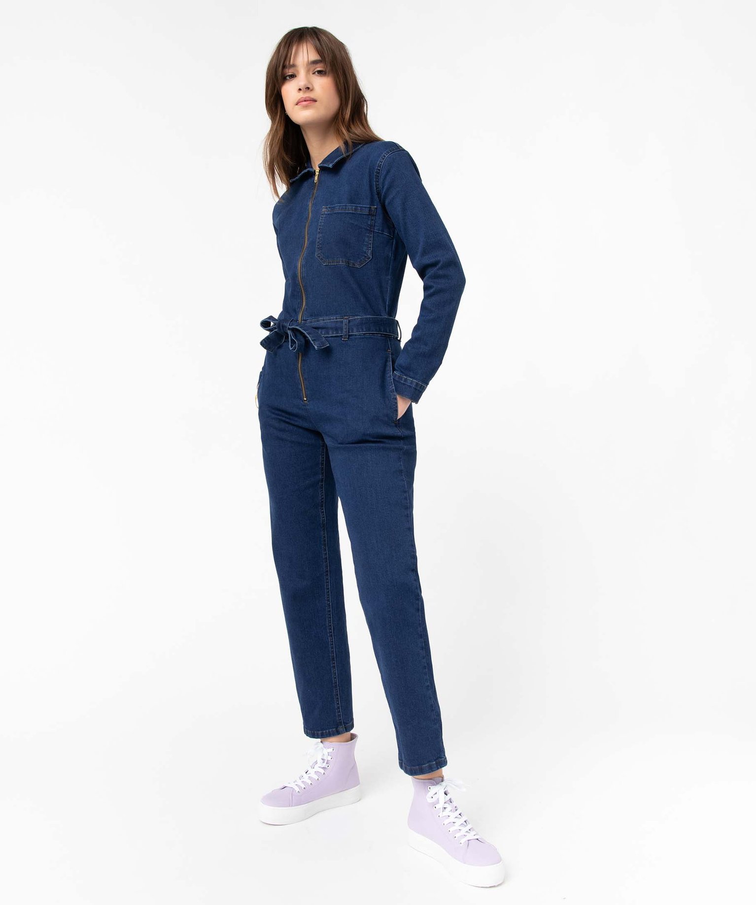 combinaison pantalon femme a manches longues en jean bleu combinaisons pantalon femme GEMO