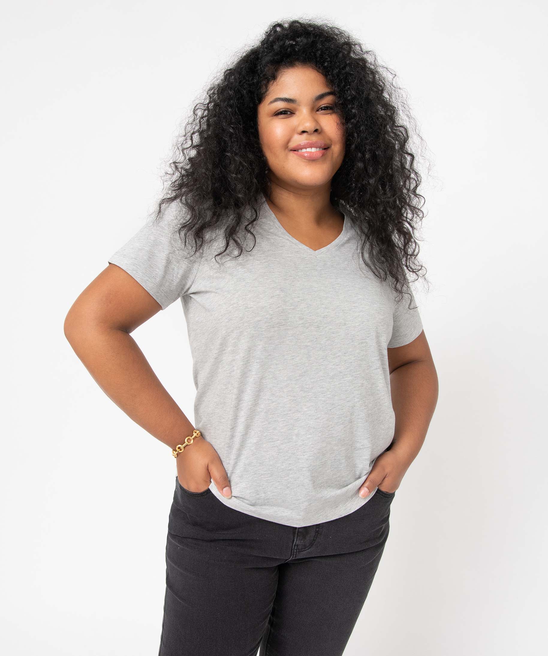 tee-shirt femme grande taille avec col v gris t-shirts en coton