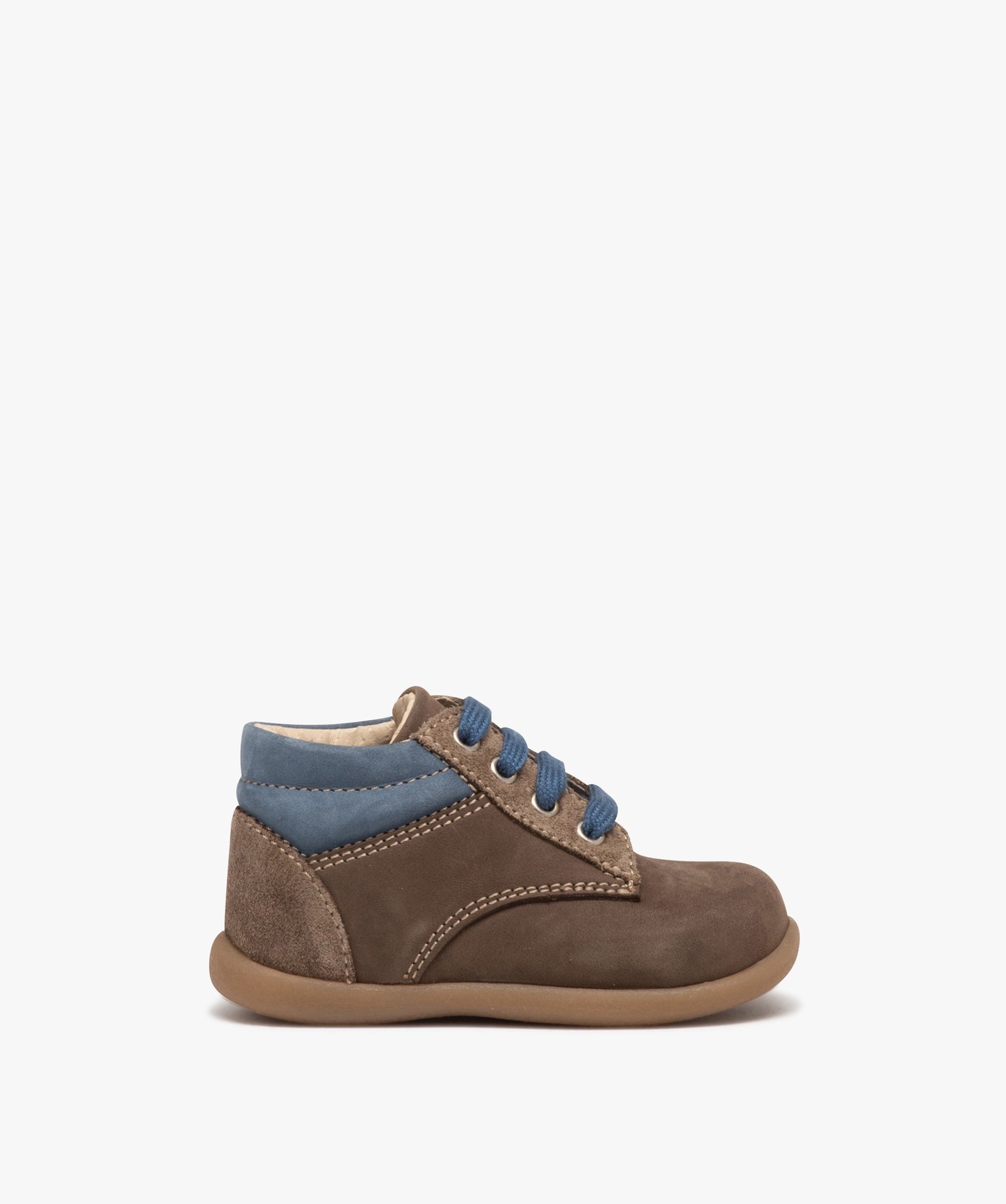 chaussures premiers pas bebe garcon bicolores en cuir suede brun bebe