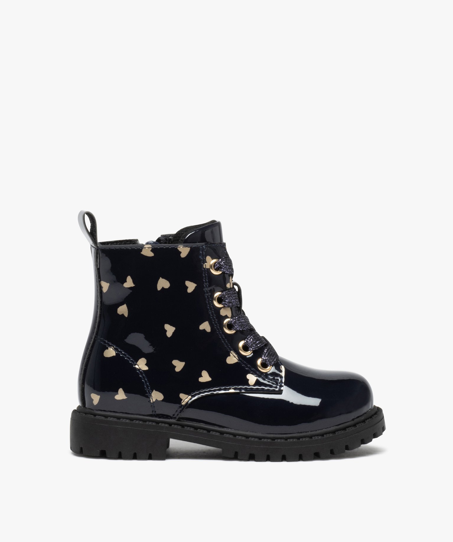 Bottines bébé fille vernis noir motifs cœur Kokin