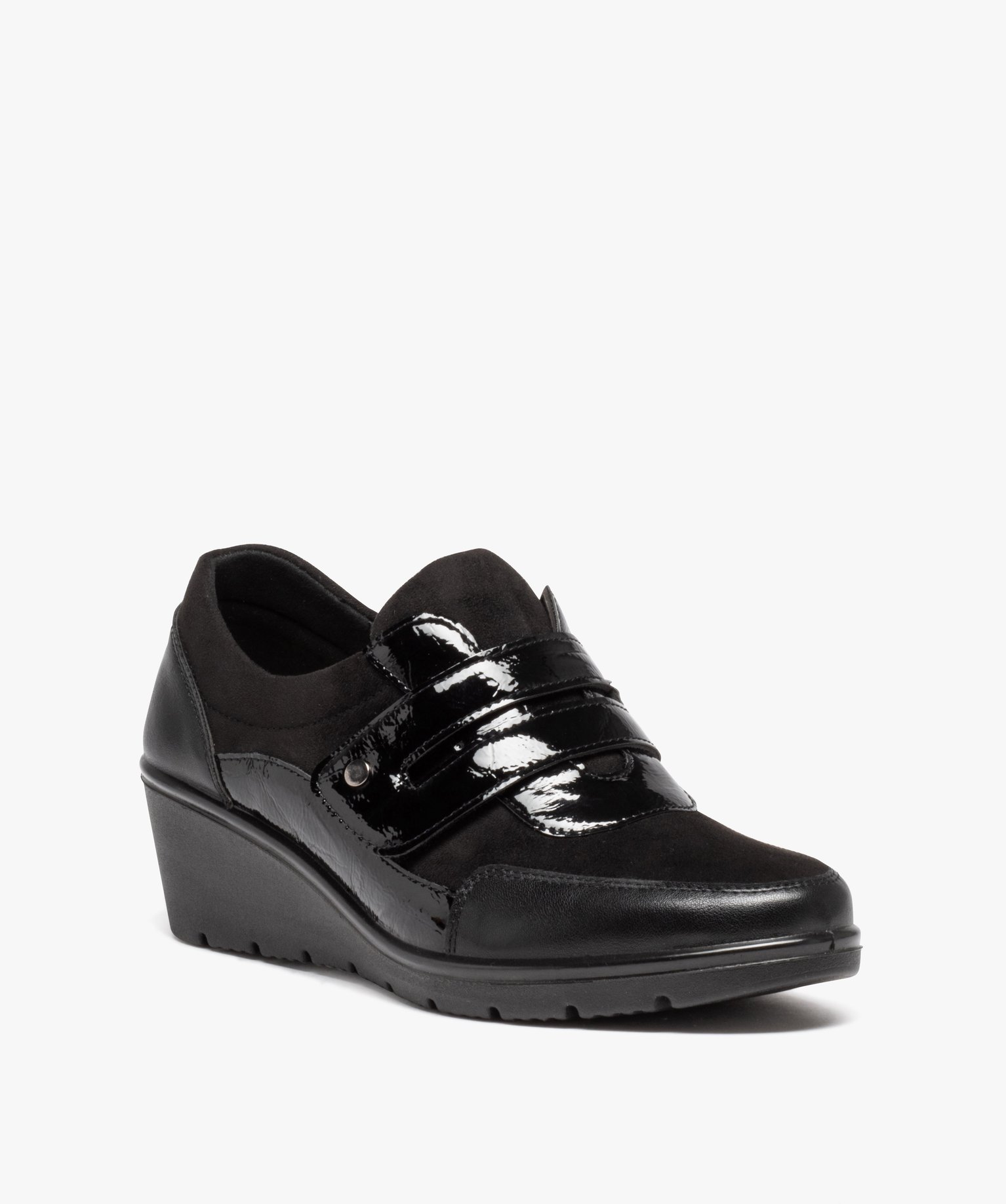 mocassins femme confort unies a talon compense et bride vernie noir standard derbies femme GEMO