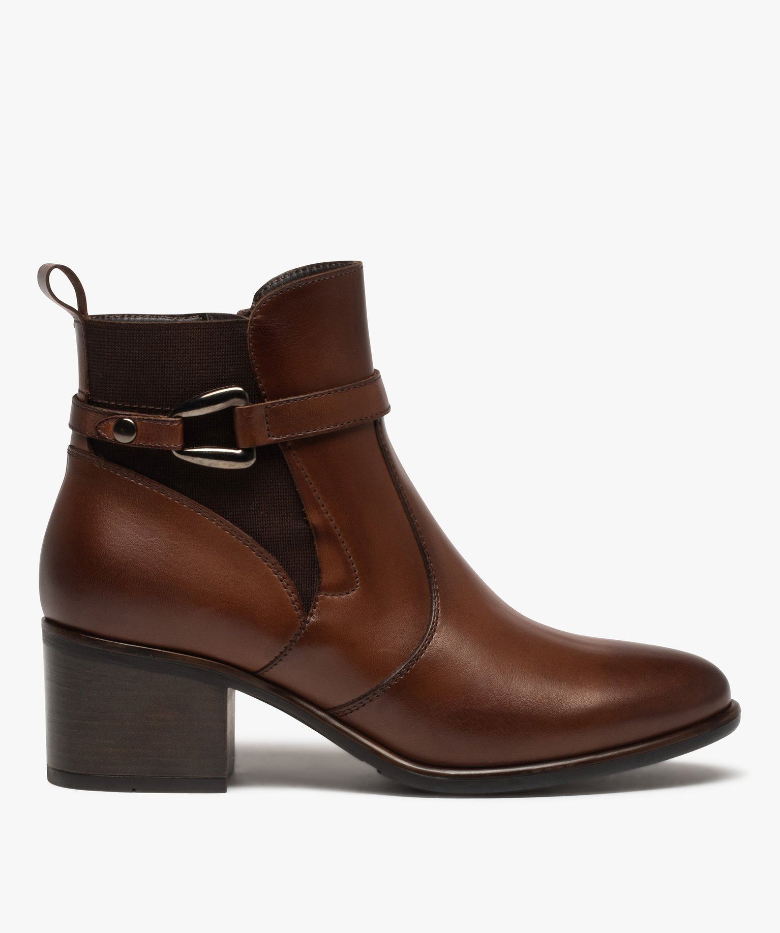 boots femme a talon carre dessus en cuir uni a zip et bride a boucle fantaisie - taneo marron standard bottines et boots