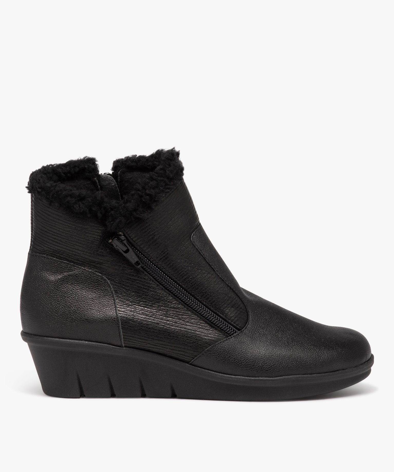 boots fourres femme unies a talon compense et a double zip noir standard bottines bottes femme GEMO