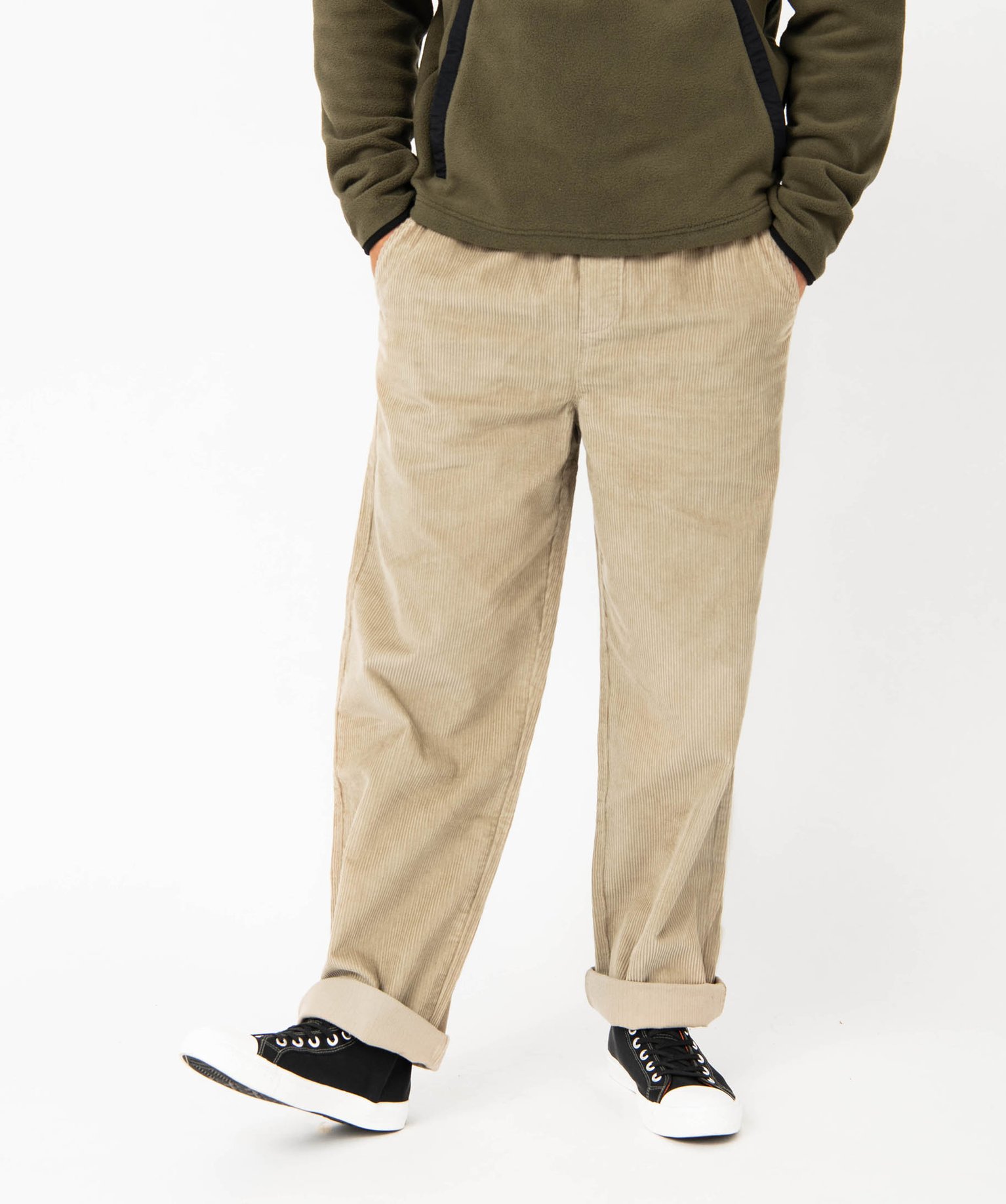 pantalon large en velours cotele avec ceinture elastique homme beige