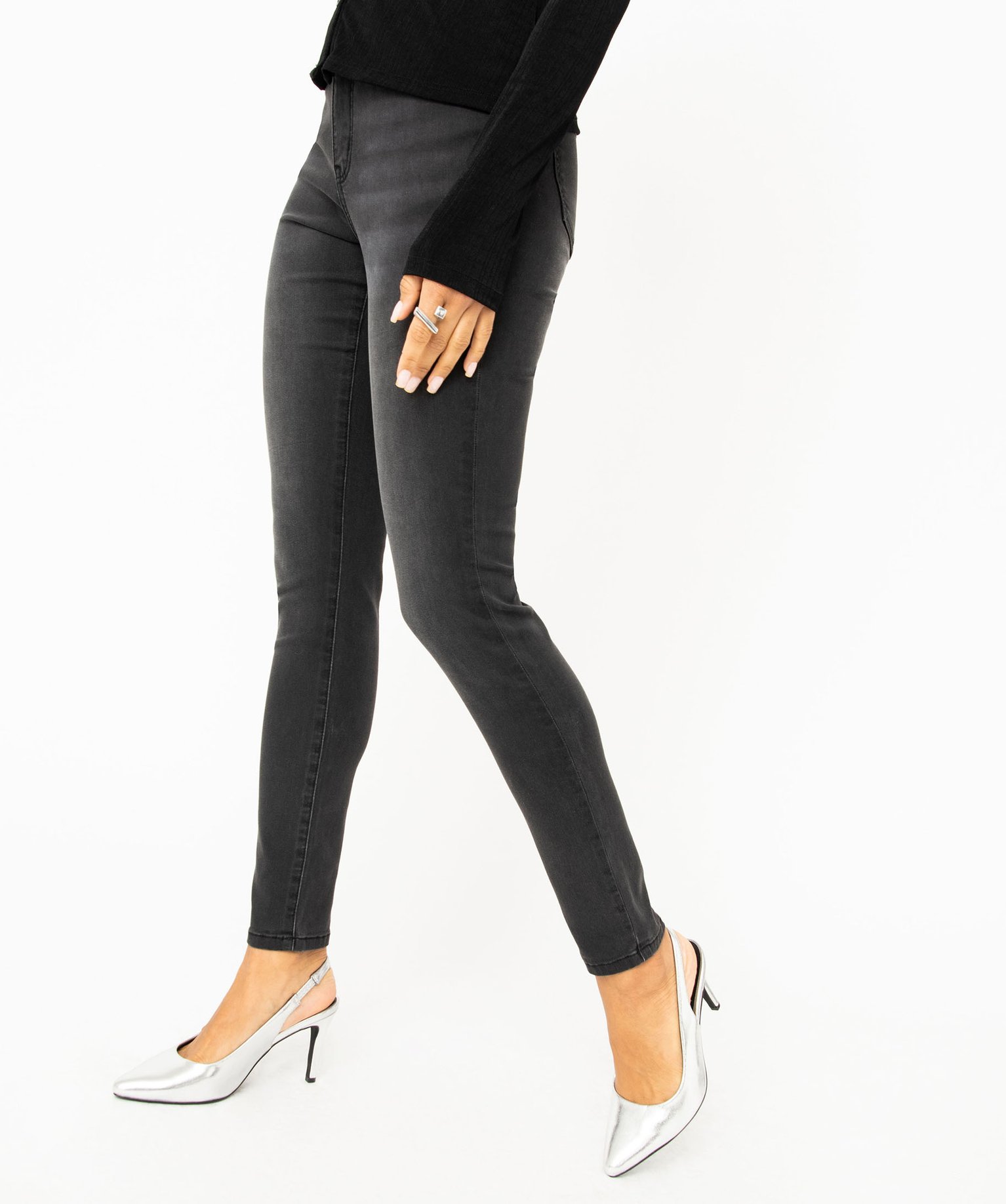 jean skinny taille haute stretch femme gris