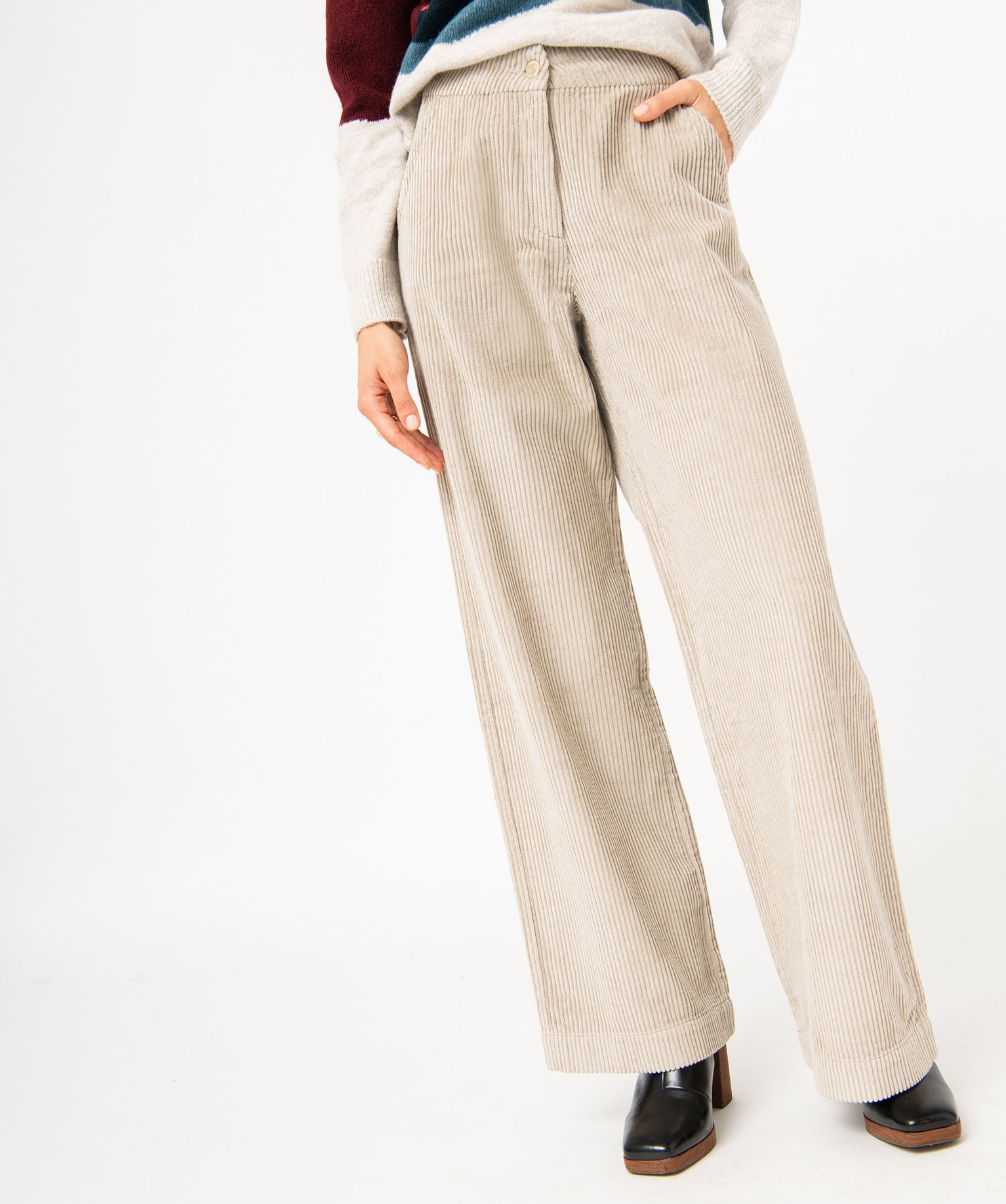 pantalon large taille haute en velours cotele femme beige