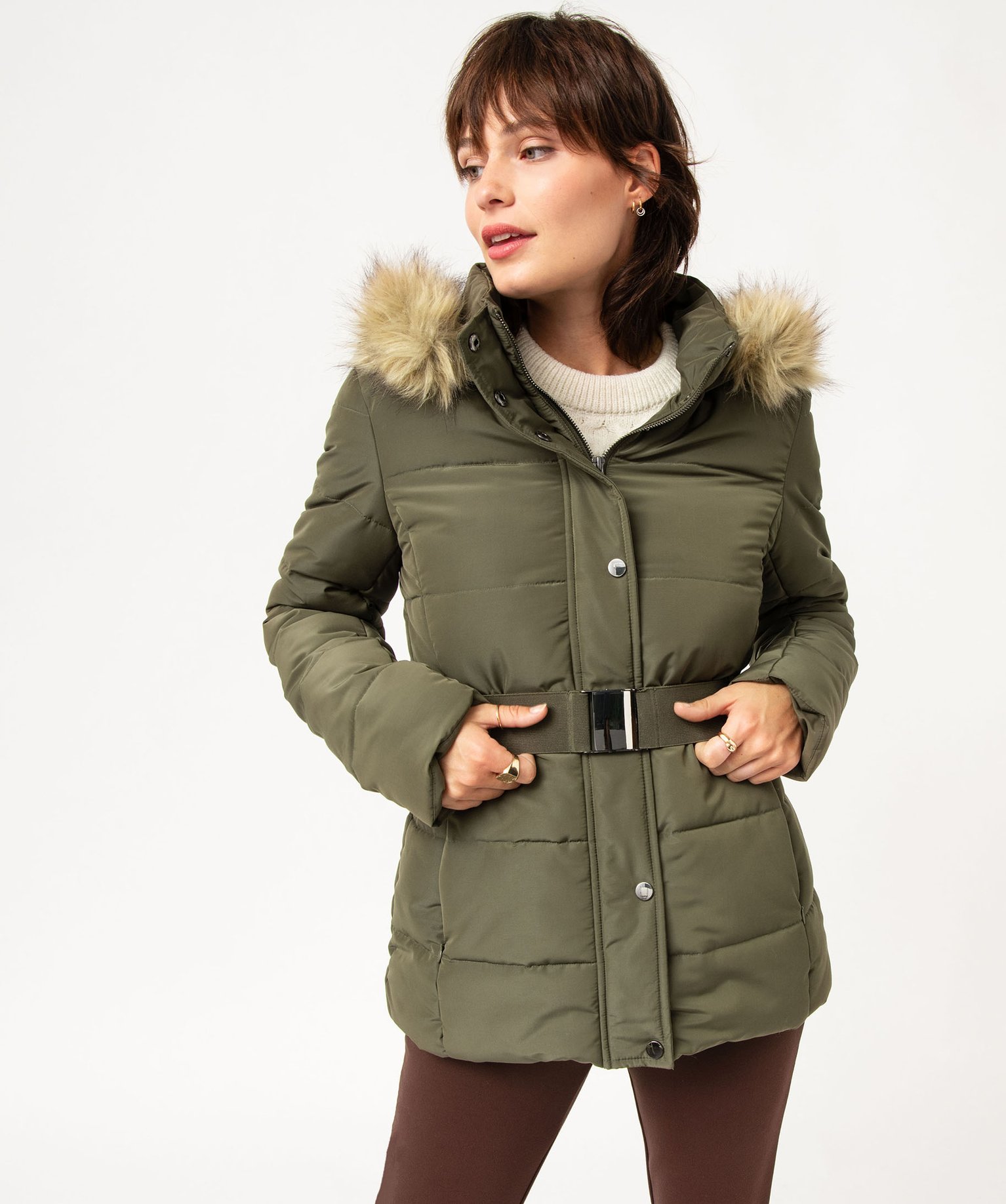 blouson matelasse avec capuche a bord amovible et ceinture femme vert manteaux femme GEMO