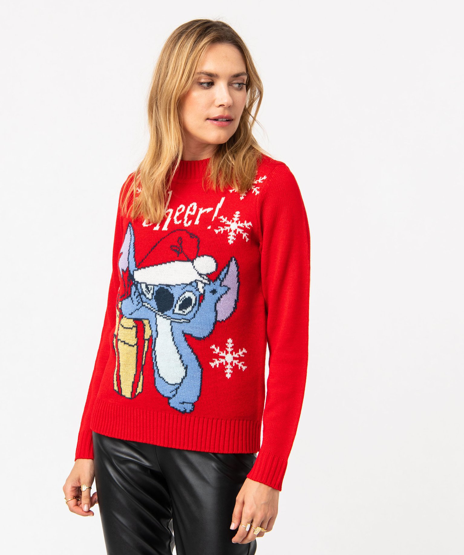 Sweat de Noël col rond Stitch rouge femme