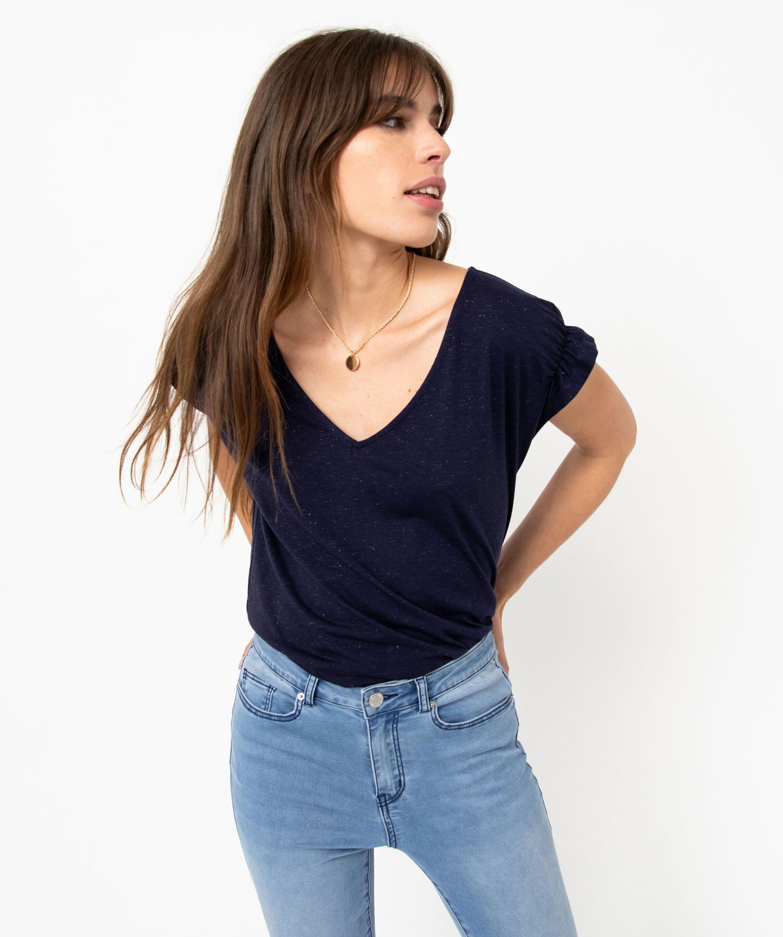 tee-shirt femme a manches courtes froncees et col v bleu t-shirts manches courtes