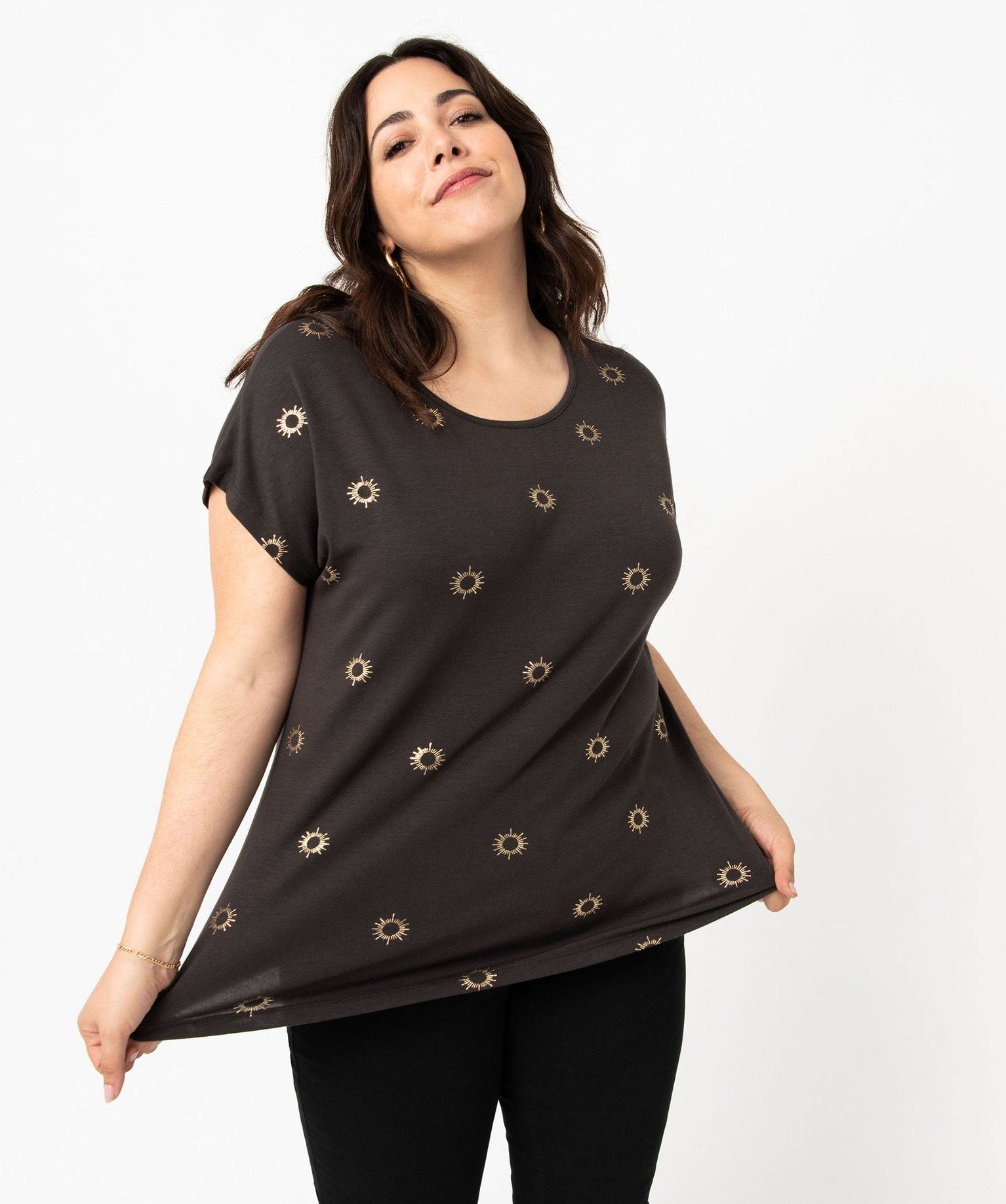 tee-shirt femme grande taille a manches courtes avec motifs noir