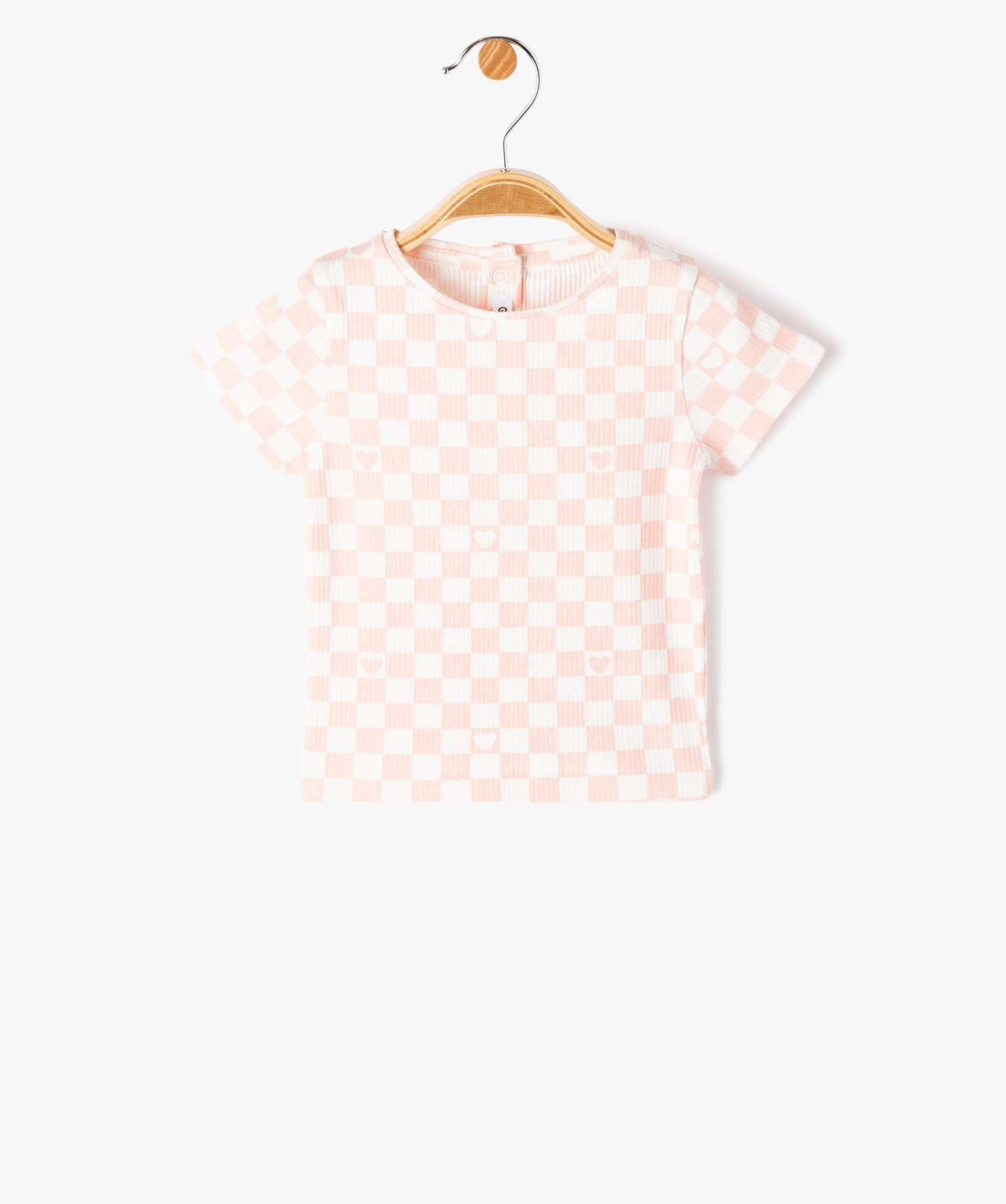 tee-shirt bebe fille a manches courtes en maille cotelee a carreaux rose