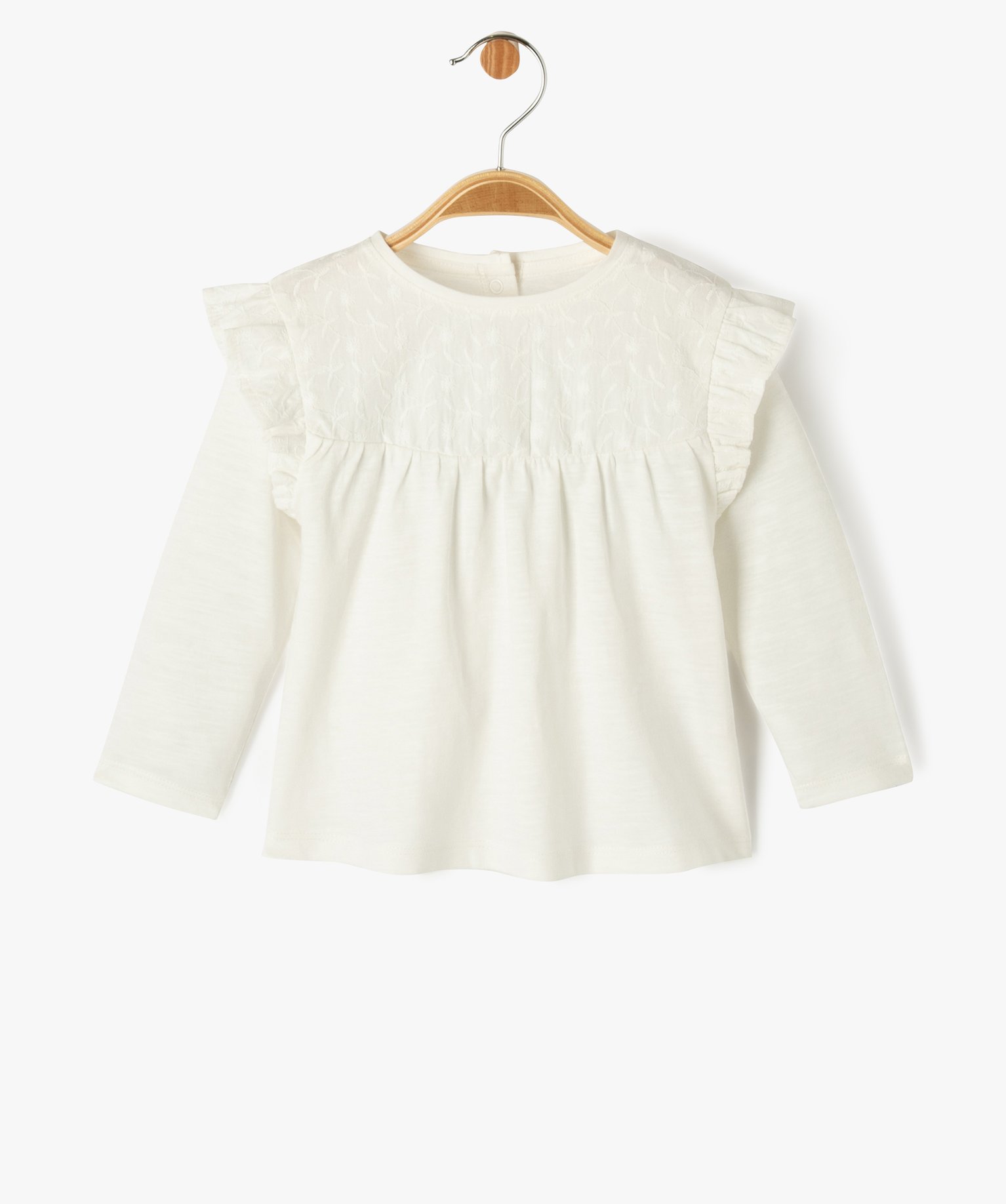 tee-shirt manches longues volantees a plastron brode bebe fille beige