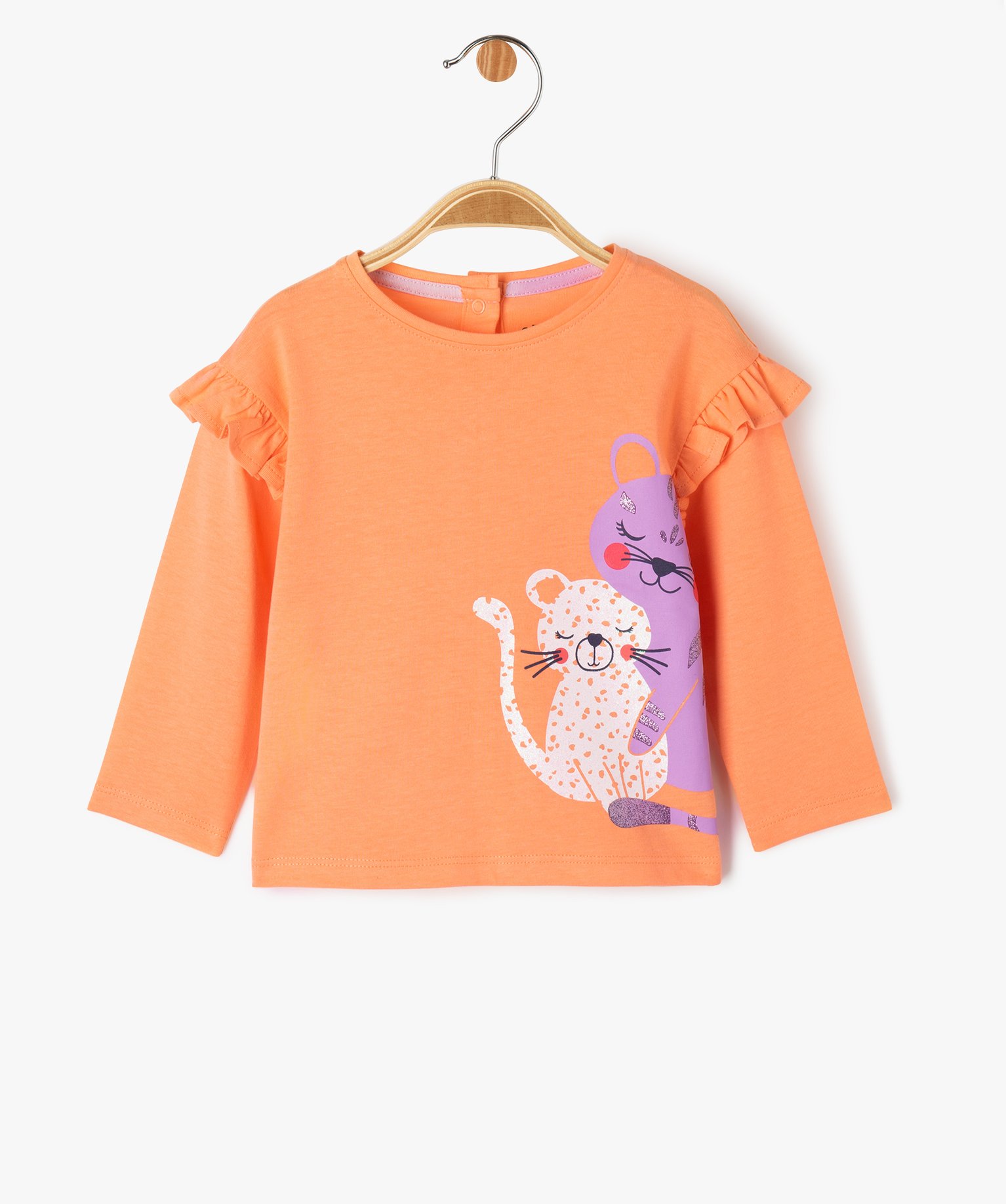 tee-shirt manches longues a volant bebe fille orange