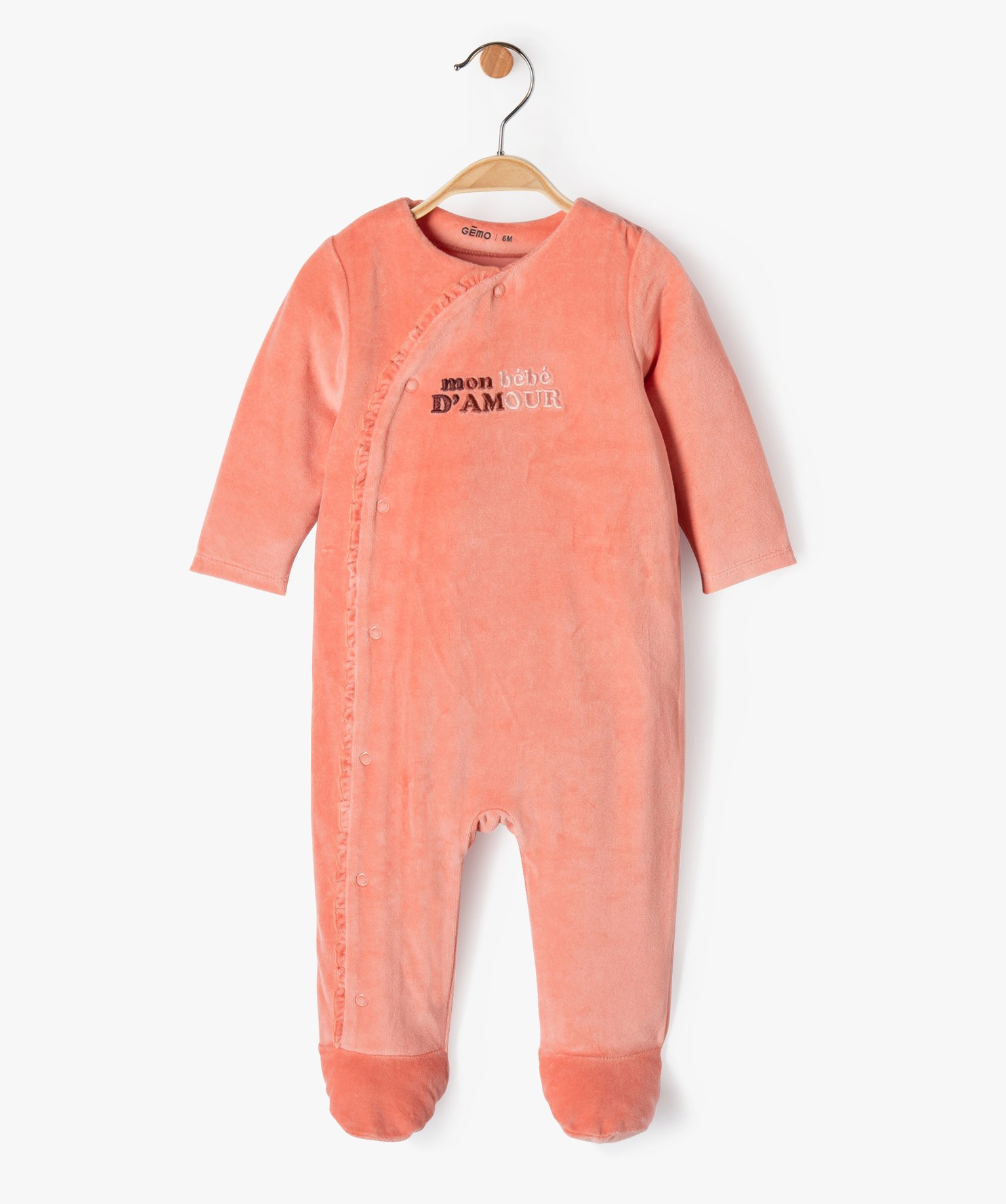 pyjama bebe fille en velours avec fermeture froncee devant rose
