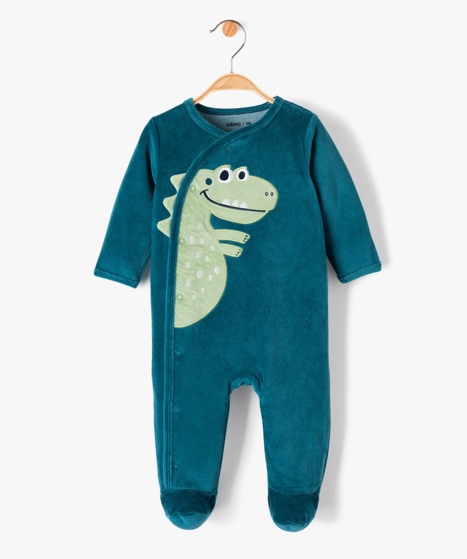pyjama bebe en velours imprime dinosaure a fermeture ventrale bleu