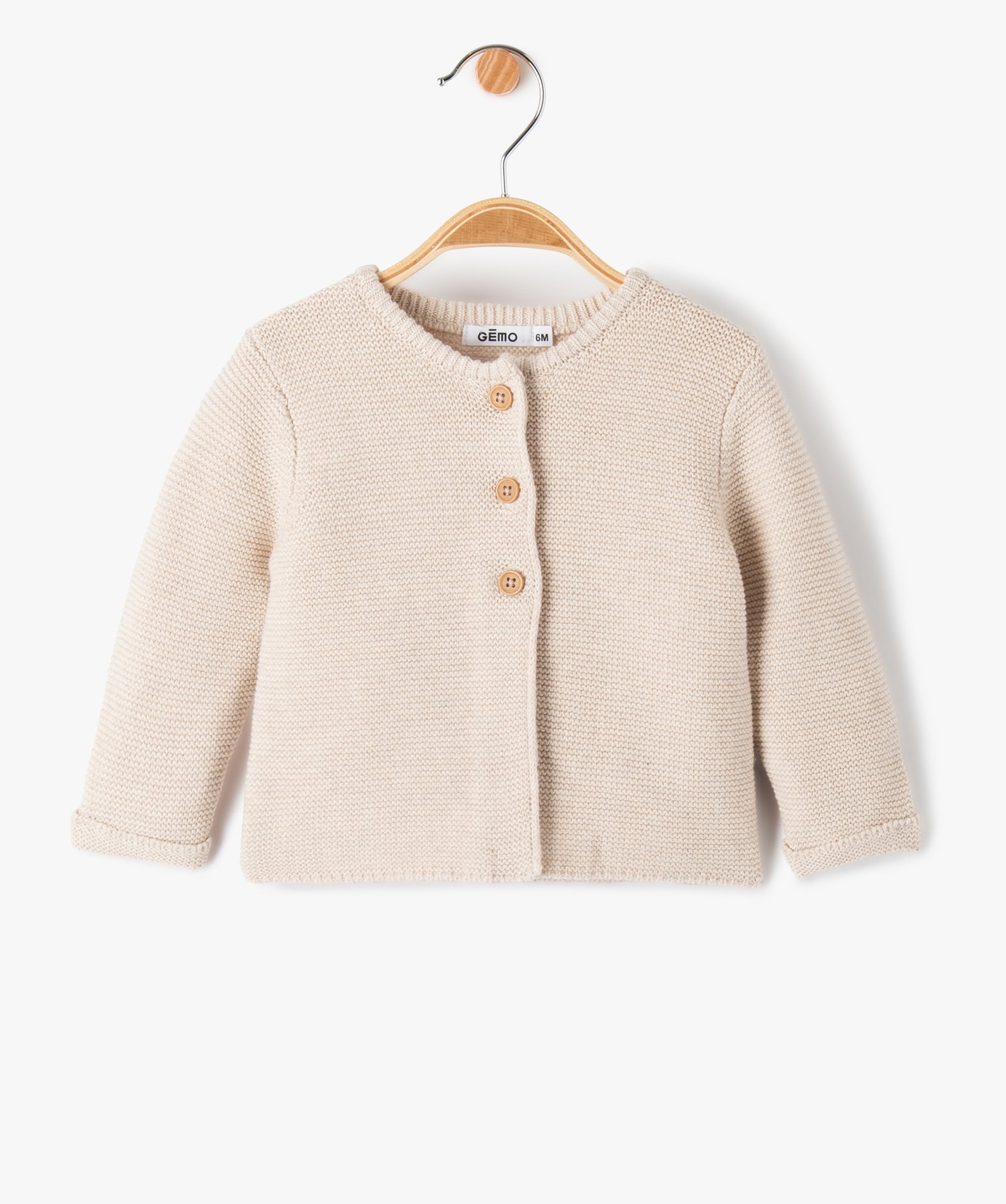 gilet bebe a col rond en maille tricotee beige