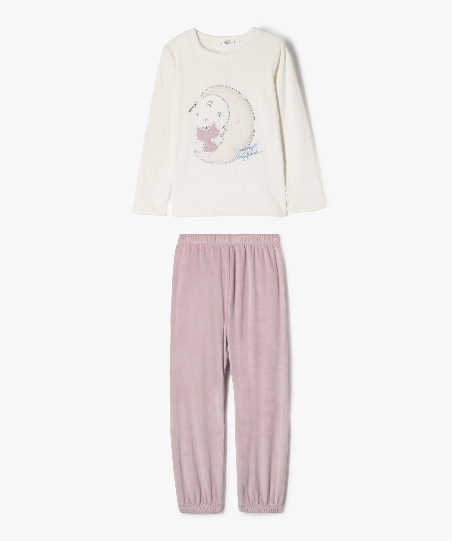 pyjama en velours avec motif chat et lune fille beige