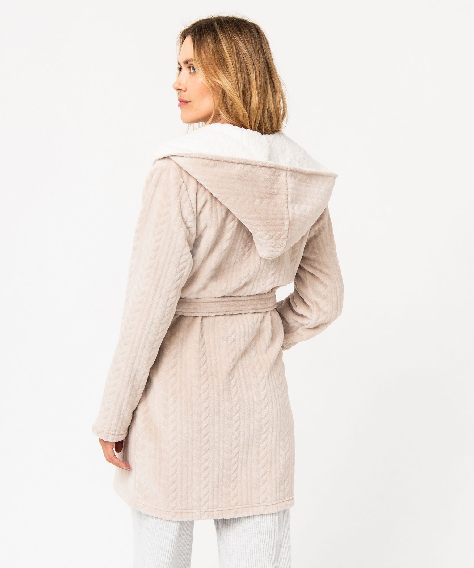 robe de chambre femme courte a capuche en maille peluche beige pyjamas ensembles vestes femme GEMO